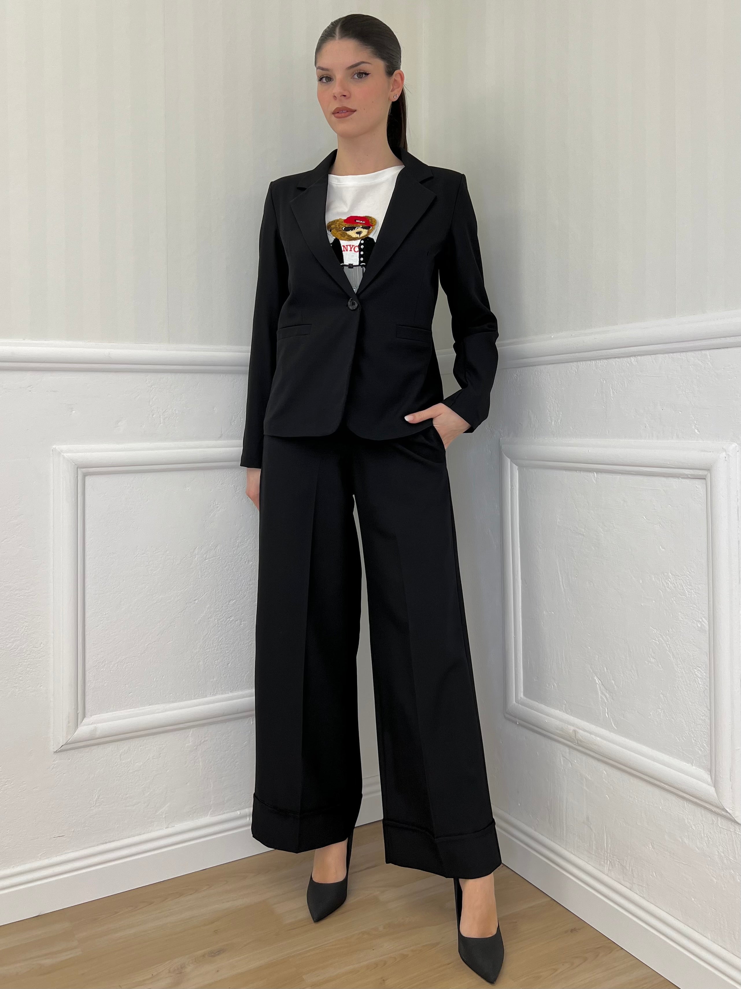 Pantalone Gabardine Risvolto 5216 Nero - Bazar Abbigliamento