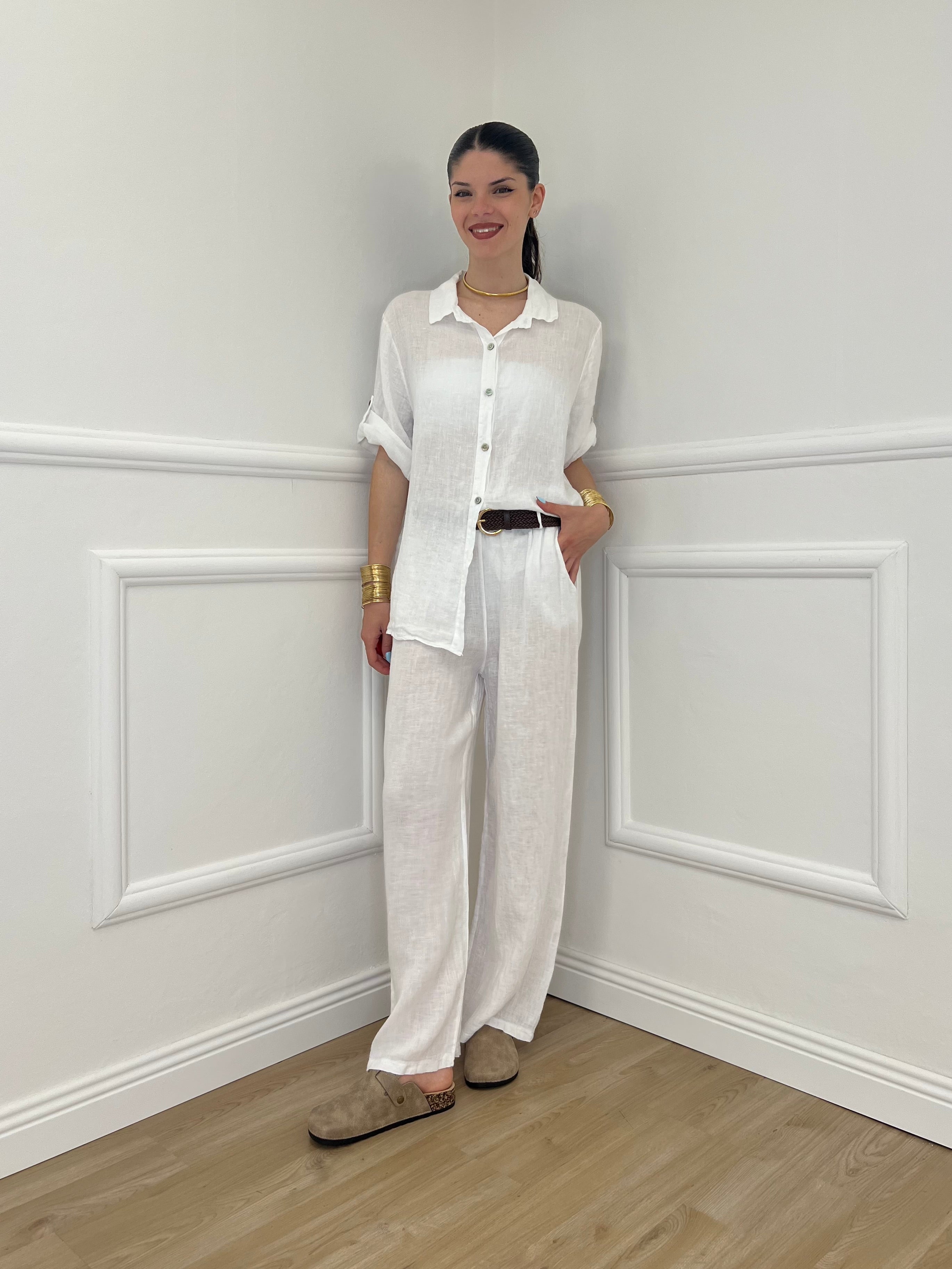 Pantalone Lino Cintura 22525 Bianco