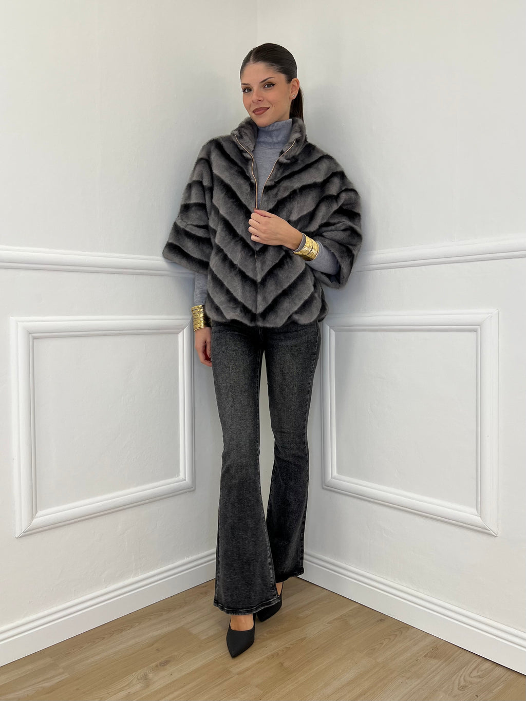 Chevron Fur Coat C037 Grey