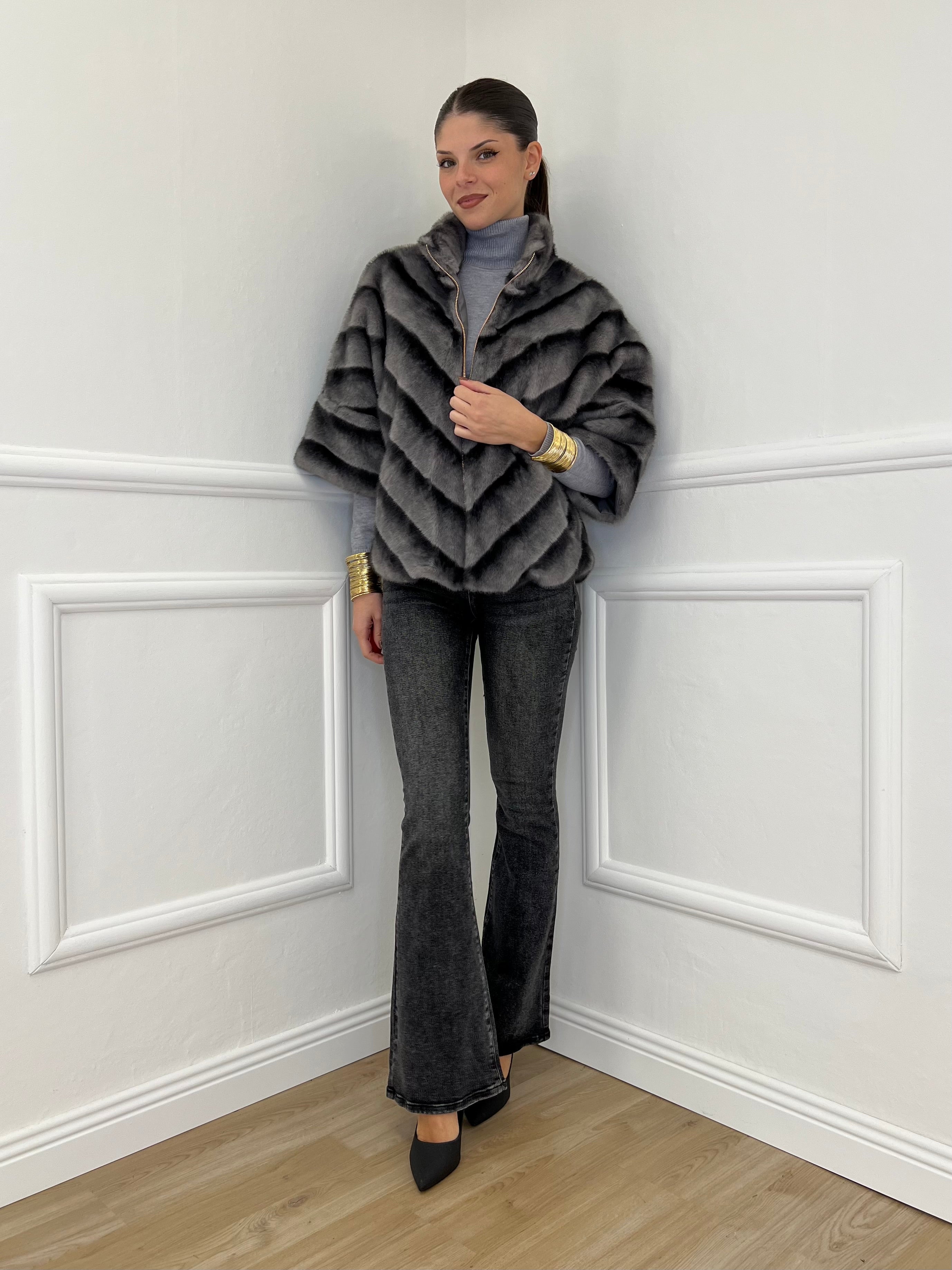 Chevron Fur Coat C037 Grey