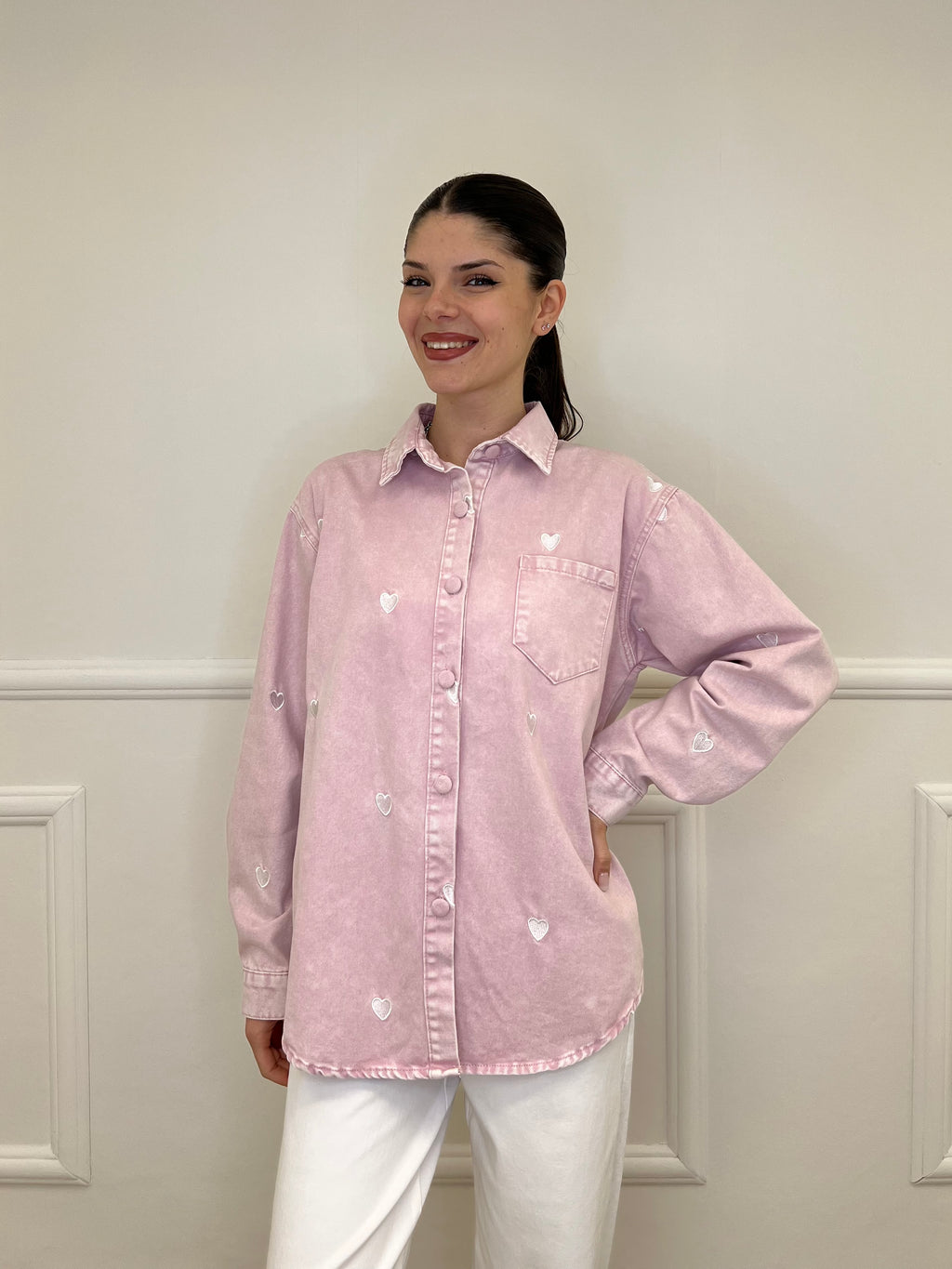 Giacca Camicia Denim Cuori 0805 Rosa