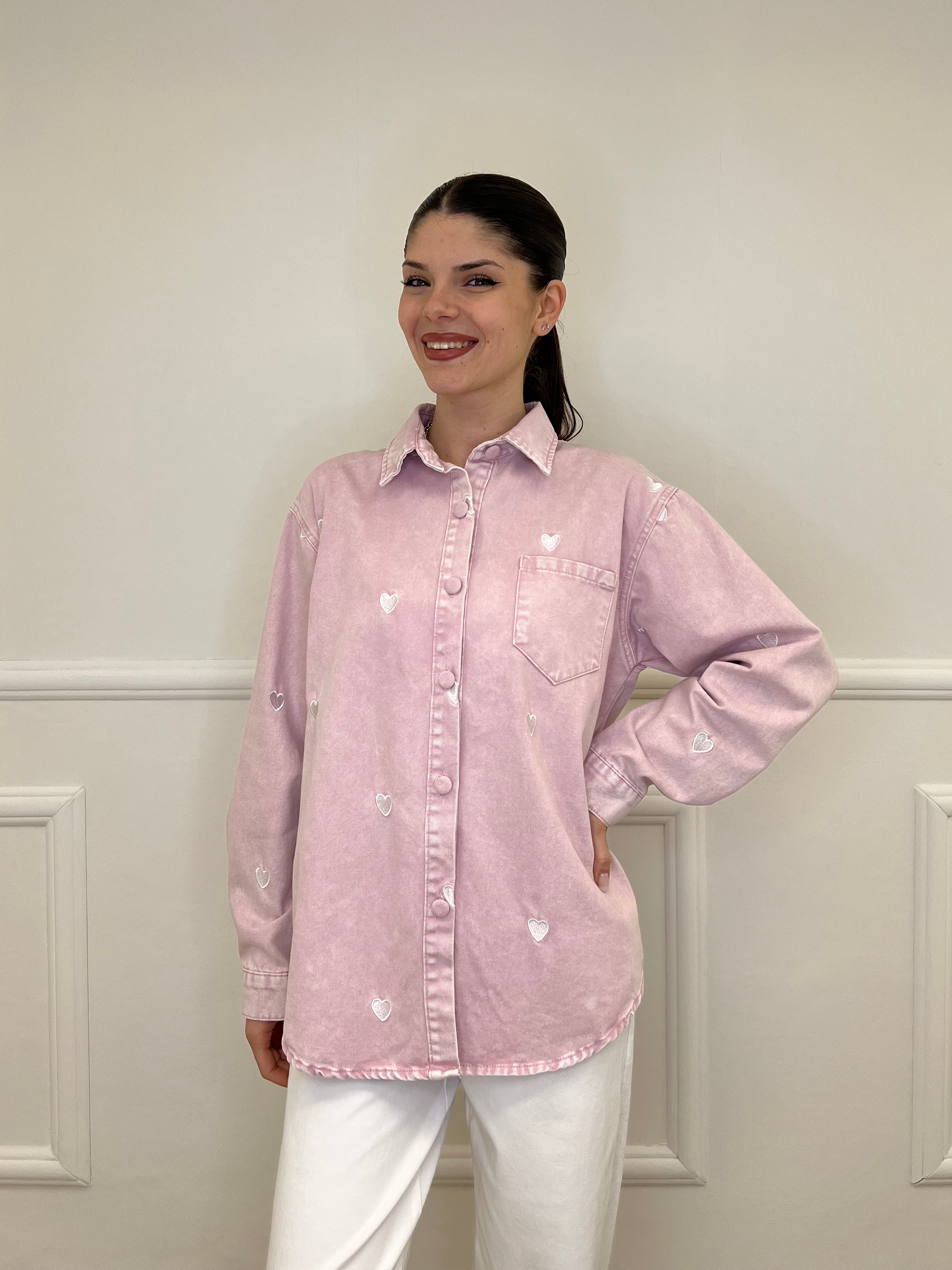 Giacca Camicia Denim Cuori 0805 Rosa