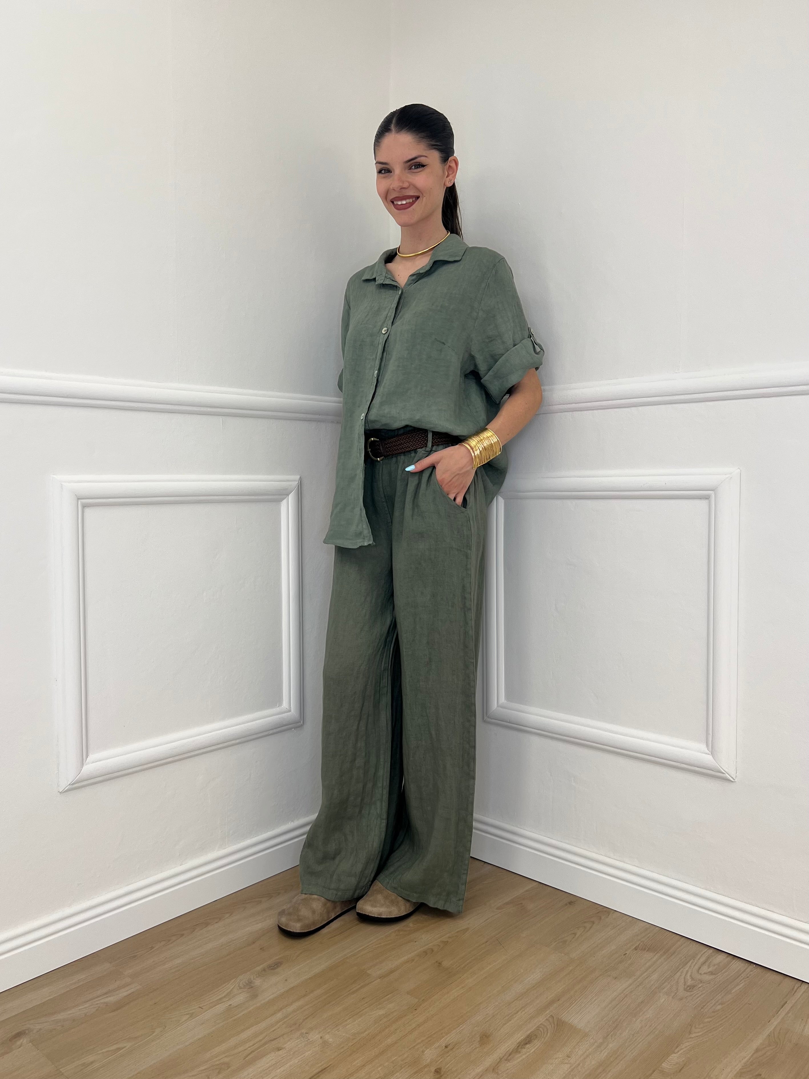 Pantalone Lino Cintura 22525 Verde