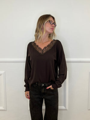 Maglia Scollo a V Over Con Pizzo 5588 Marrone