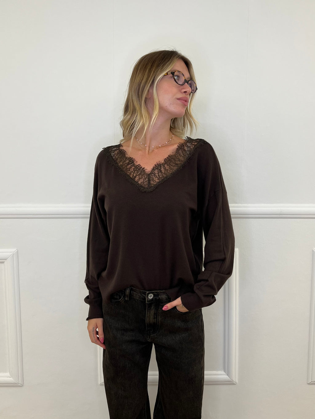 Maglia Scollo a V Over Con Pizzo 5588 Marrone