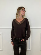 Maglia Scollo a V Over Con Pizzo 5588 Marrone