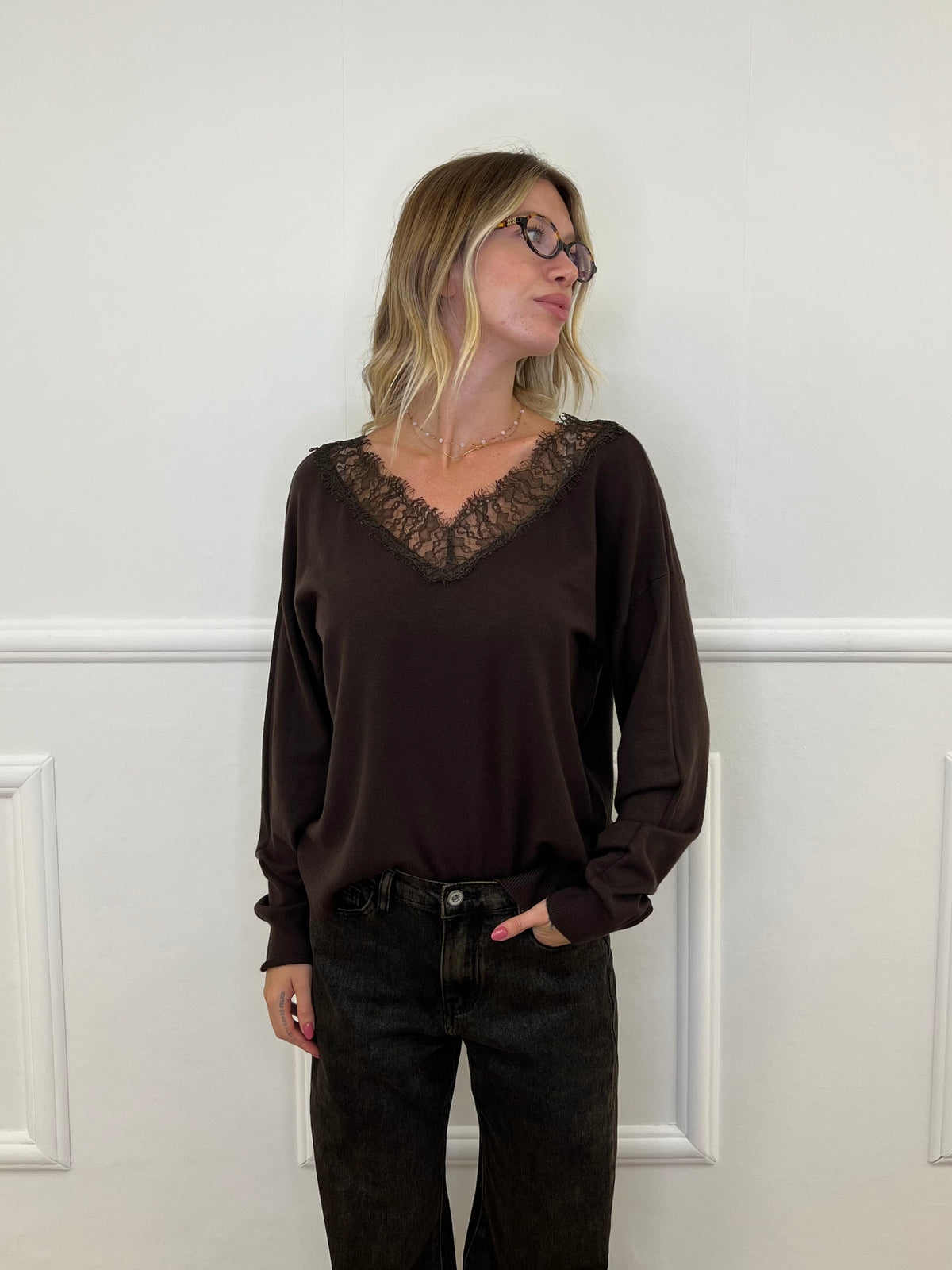 Maglia Scollo a V Over Con Pizzo 5588 Marrone