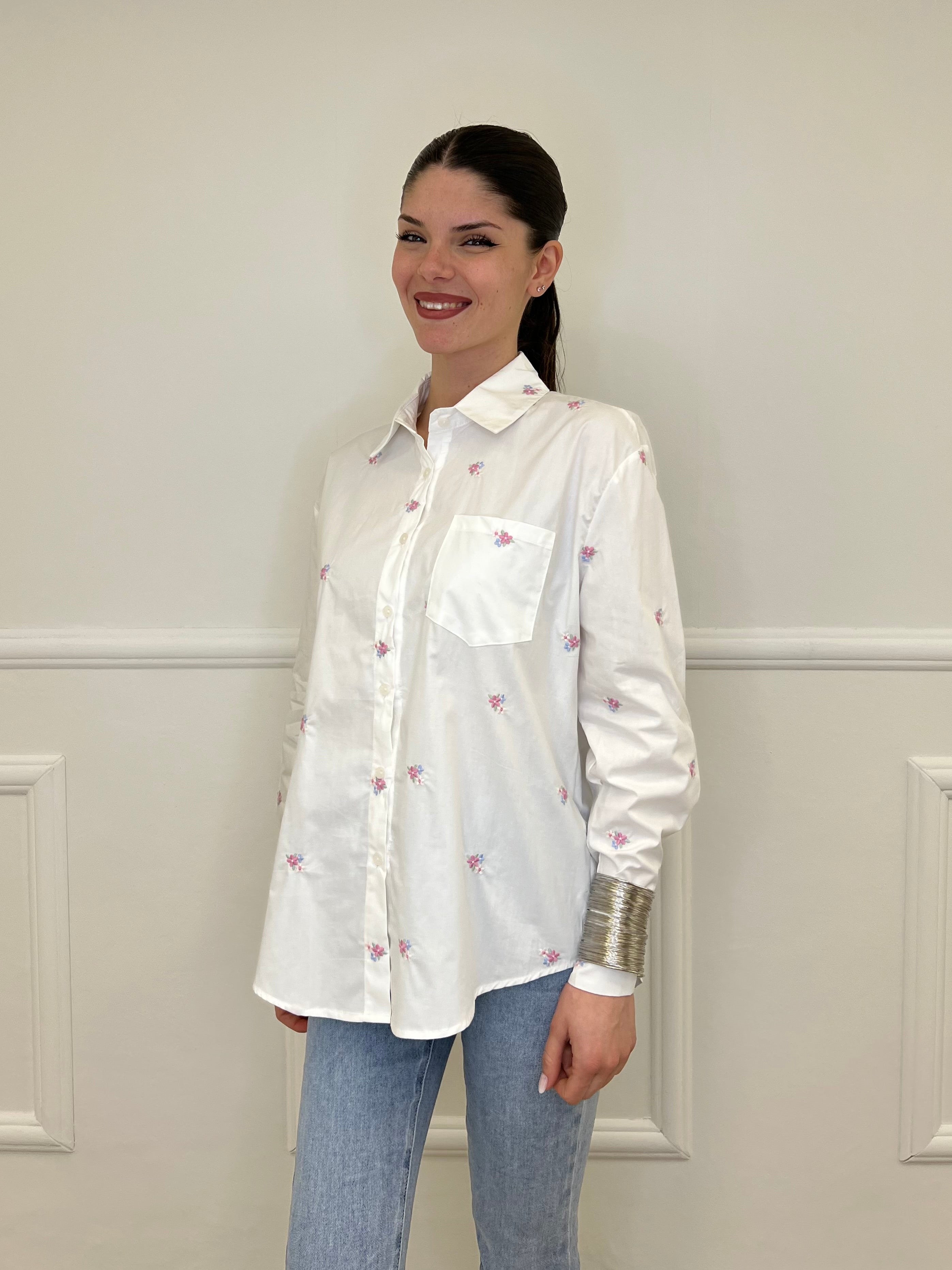 Camicia Ricami Fiori 17195 Bianco