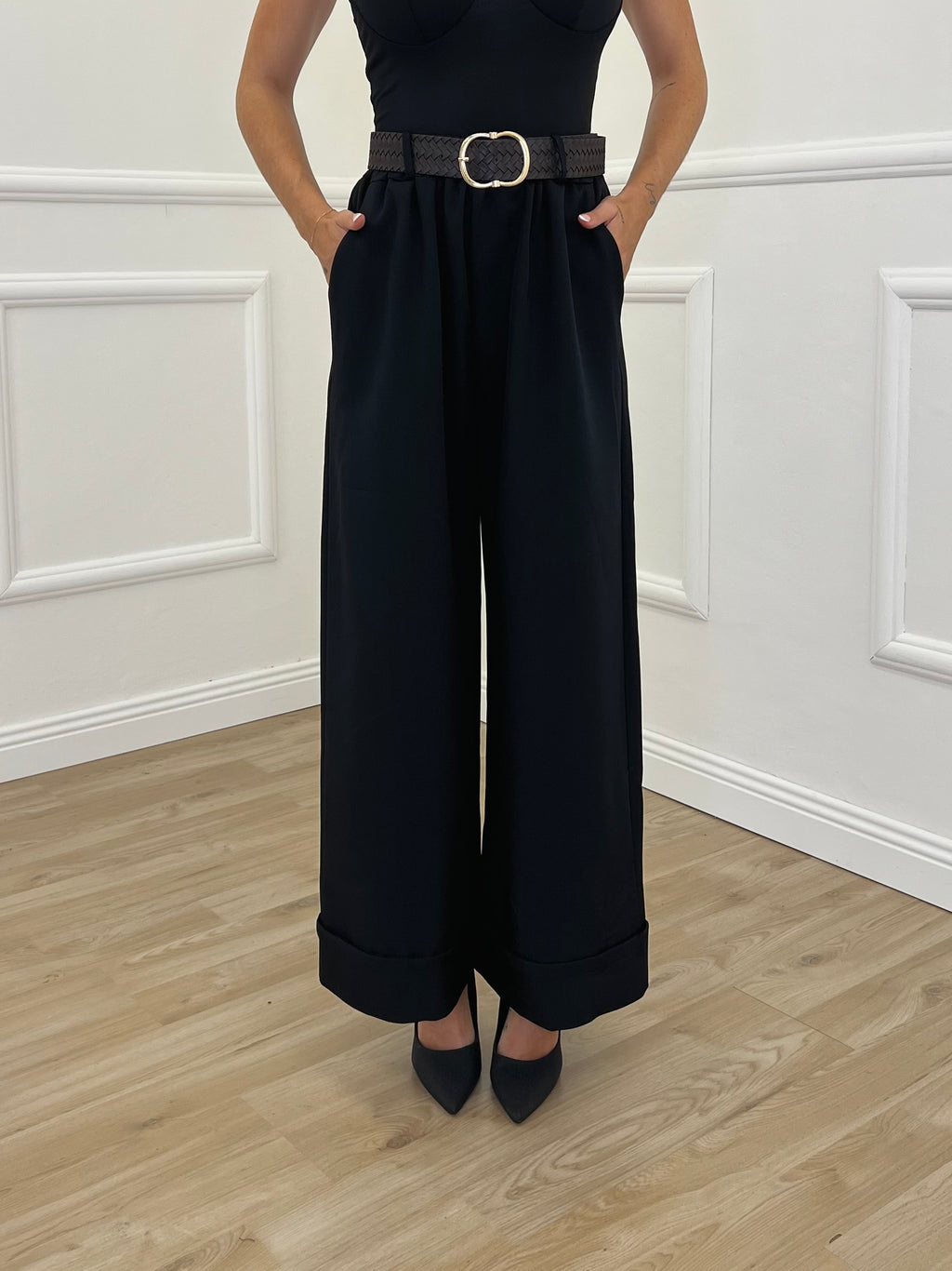 Panta Palazzo Risvolto Gabardine 26521 Nero