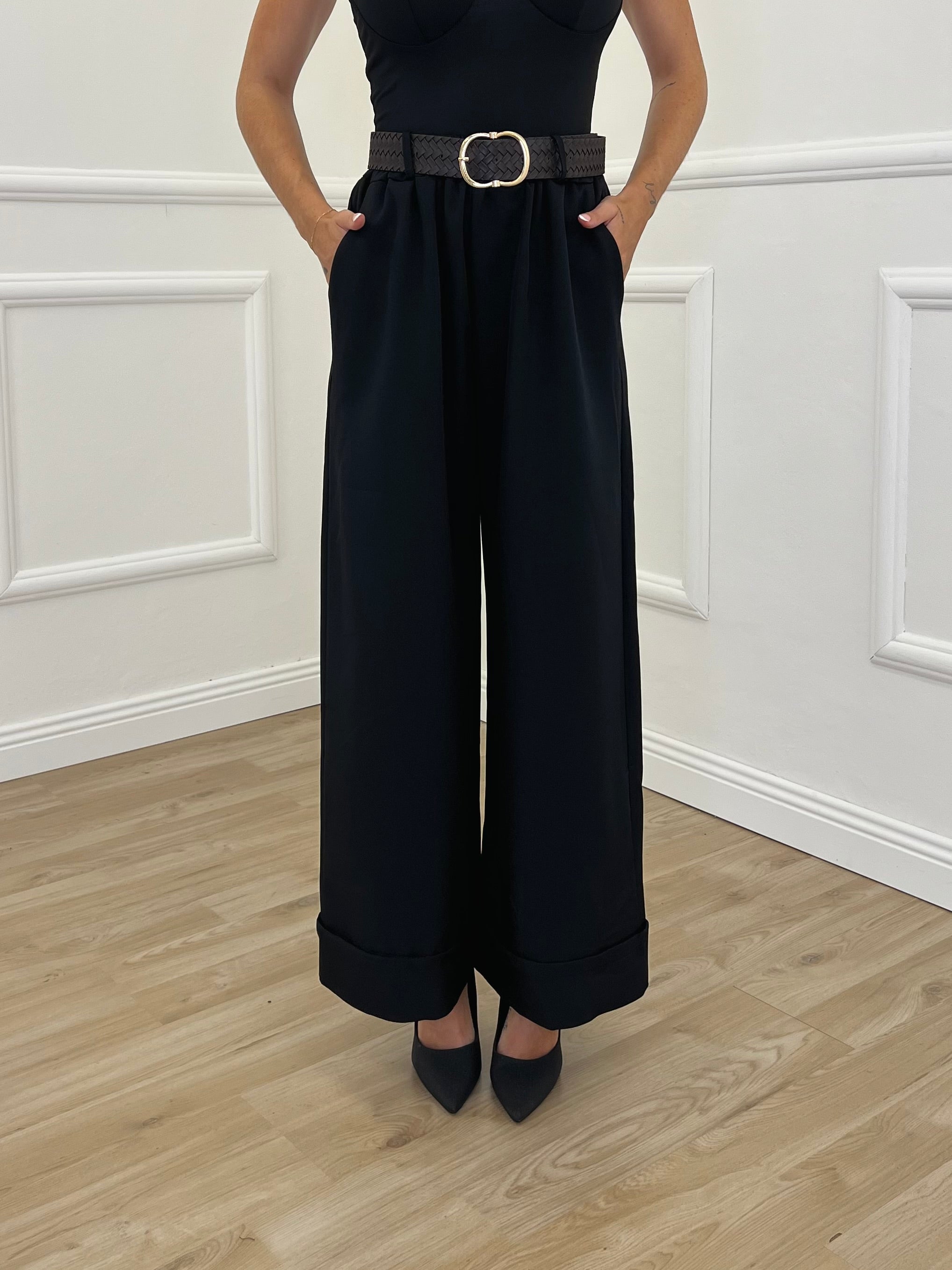Panta Palazzo Risvolto Gabardine 26521 Nero