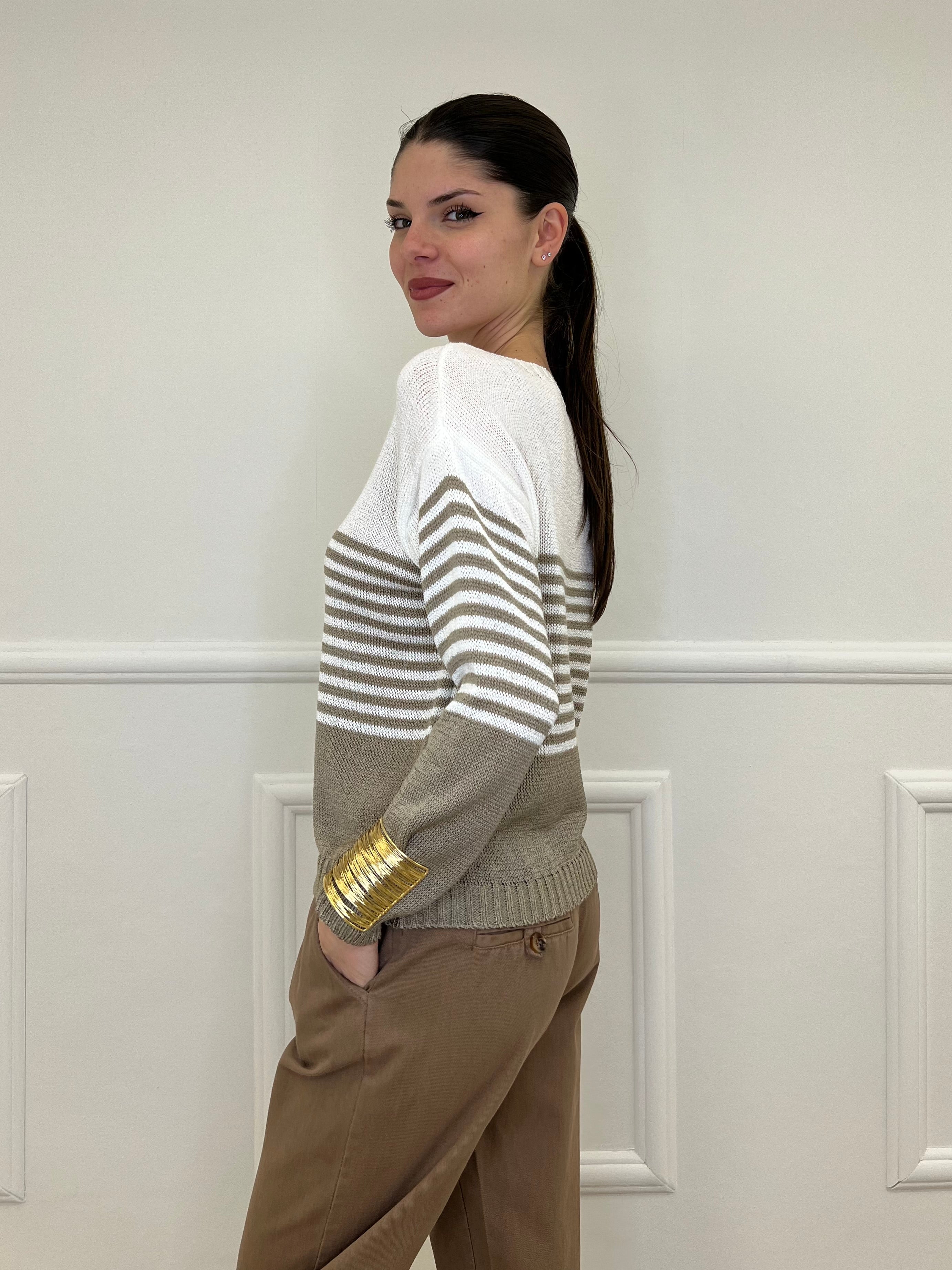 Maglia a Righe Bicolore 26001 Taupe e Bianco