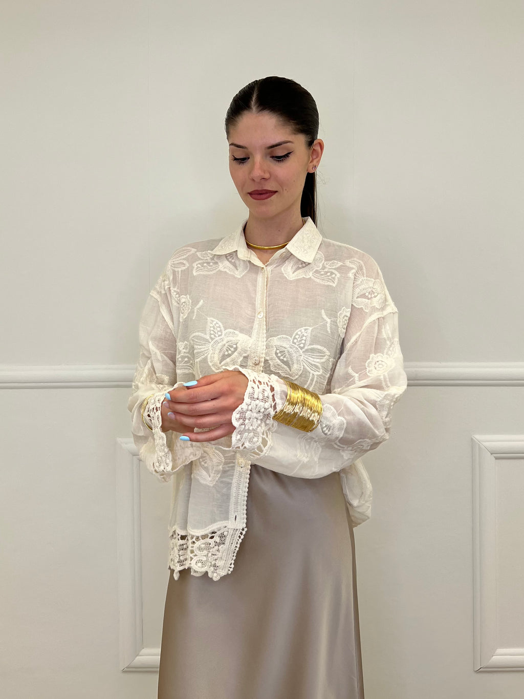Camicia Ricami Inserti Crochet 48036 Panna