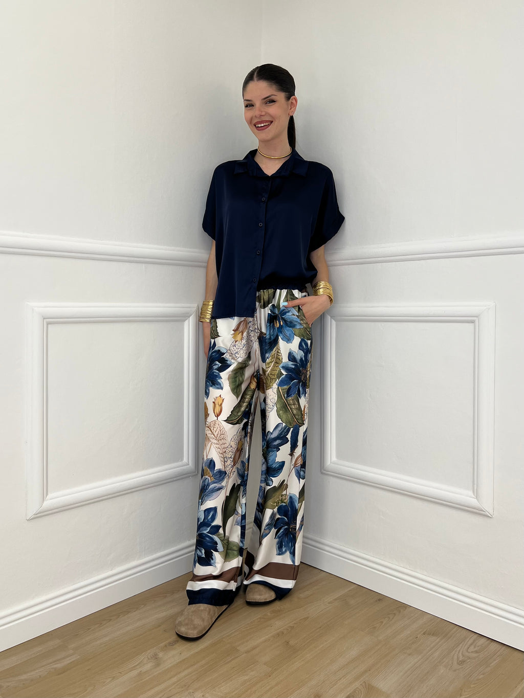 Completo Satin Pantalone Fantasia 17397 Blu