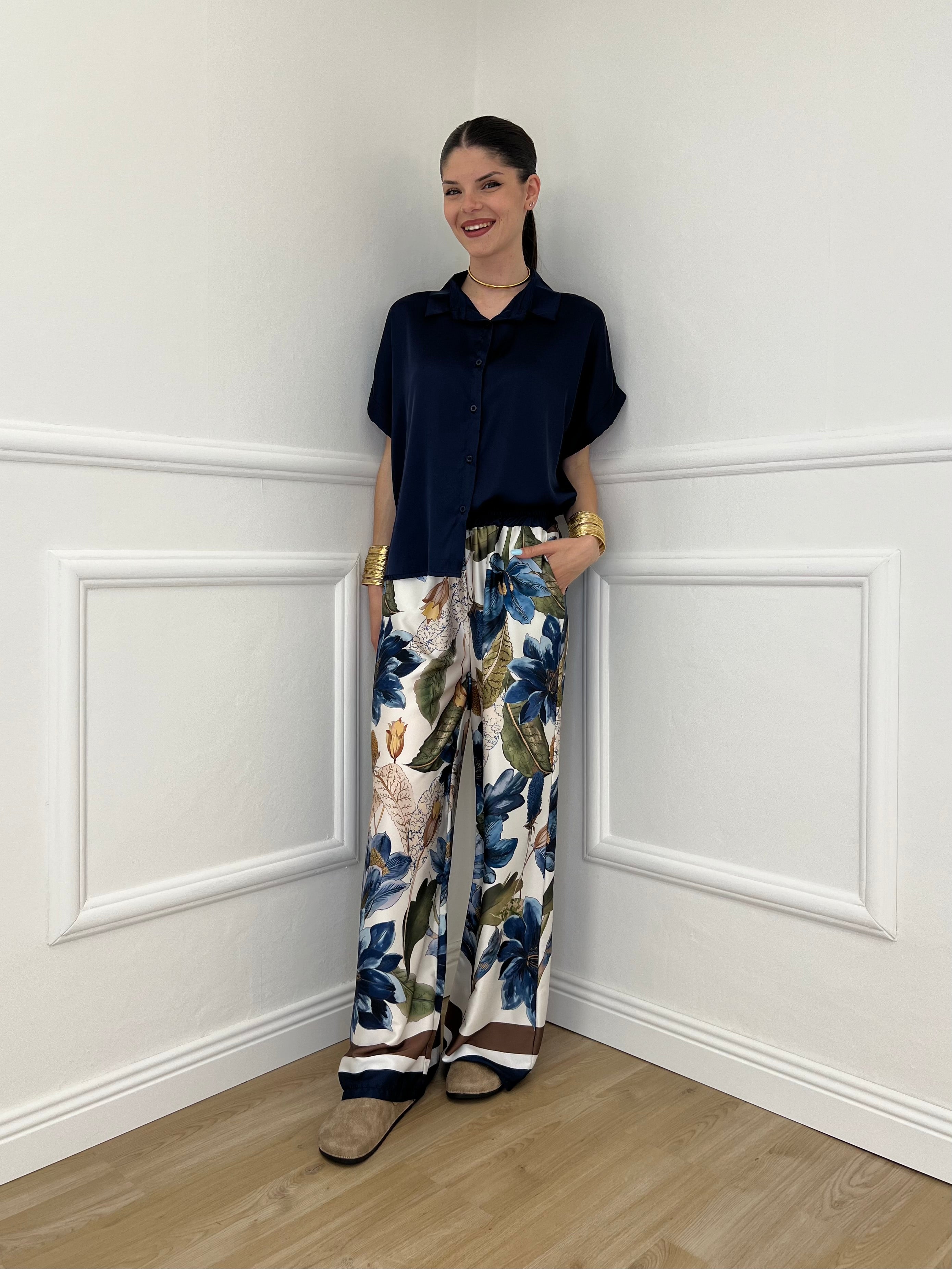 Completo Satin Pantalone Fantasia 17397 Blu