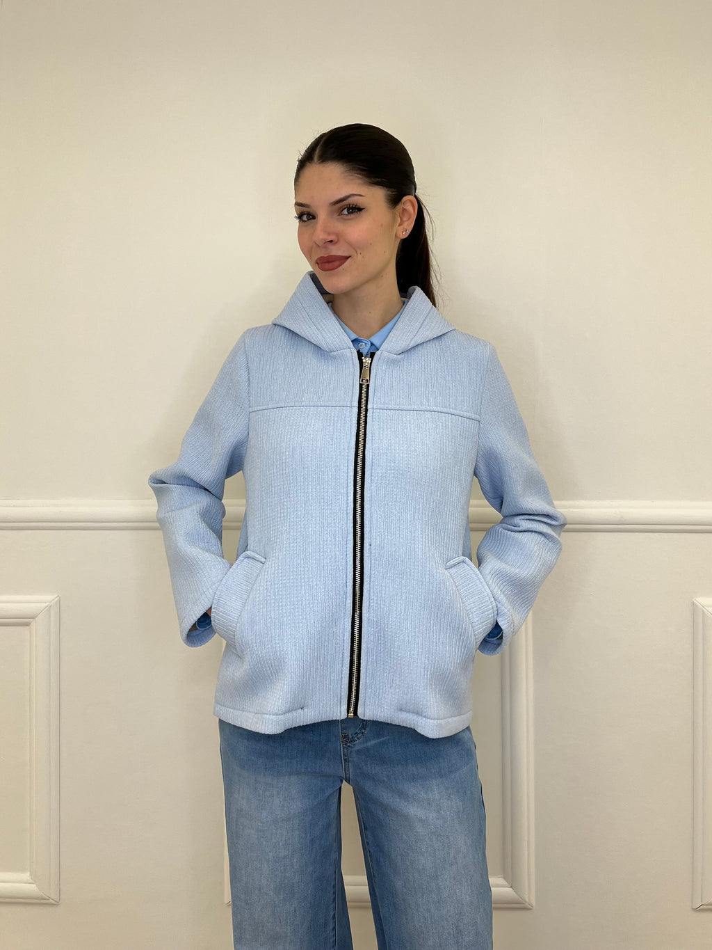 Giacca Neoprene Zip 26087 Azzurro