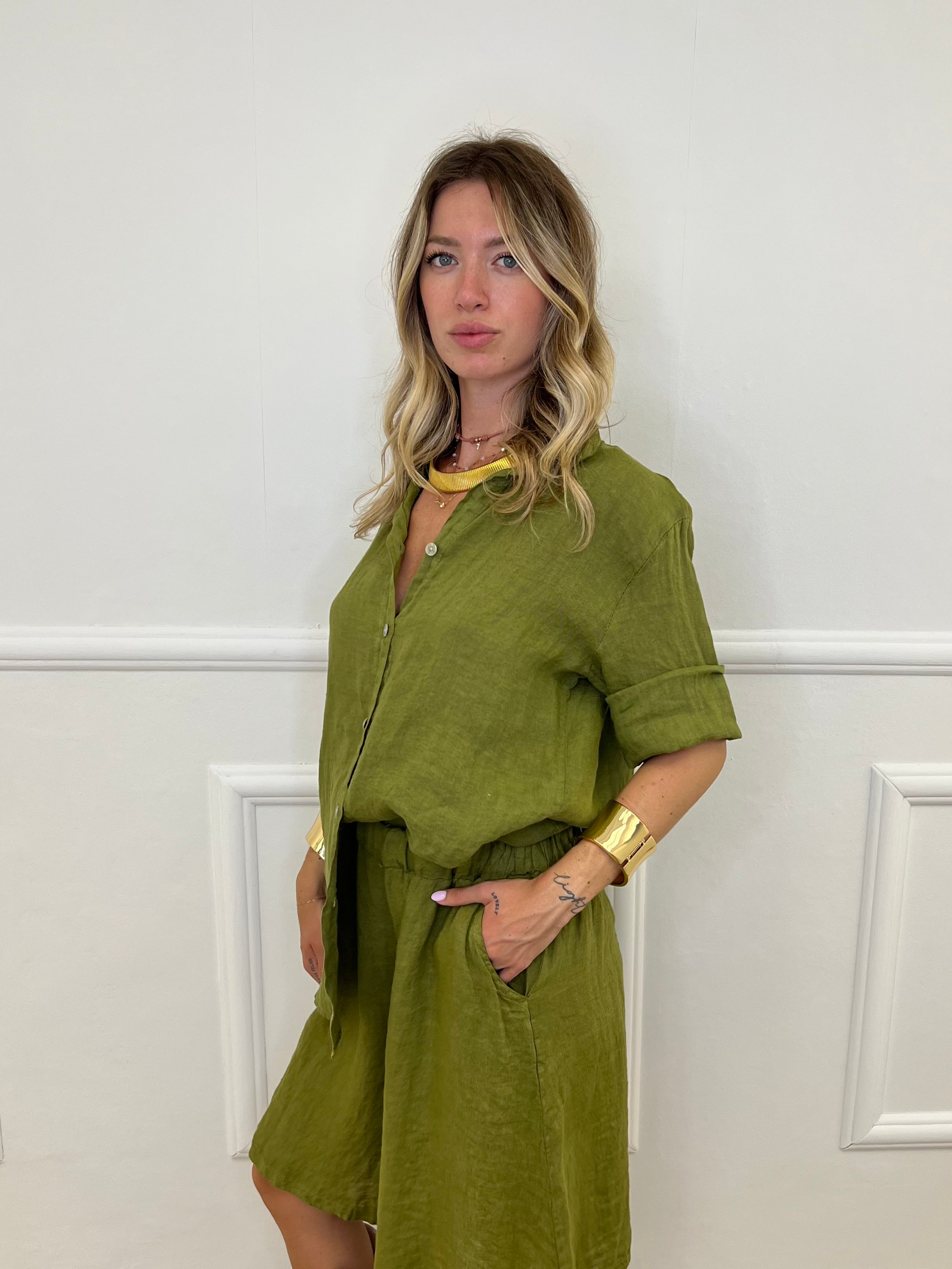 Camicia Over 100% Lino 1789 Verde Olio