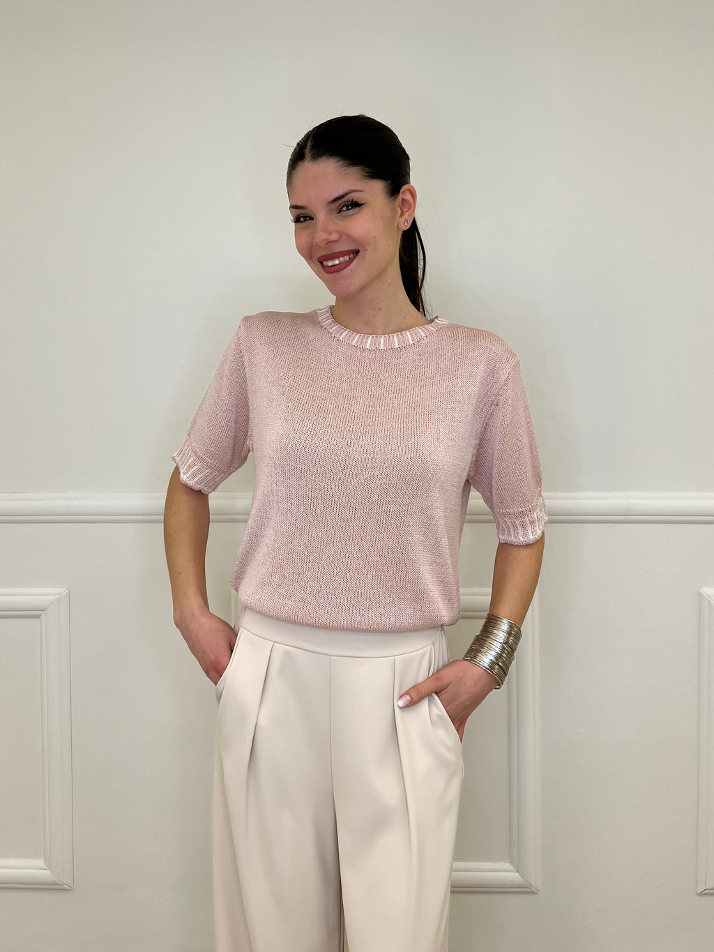 Maglia Profili a Contrasto 2780 Rosa e Bianco