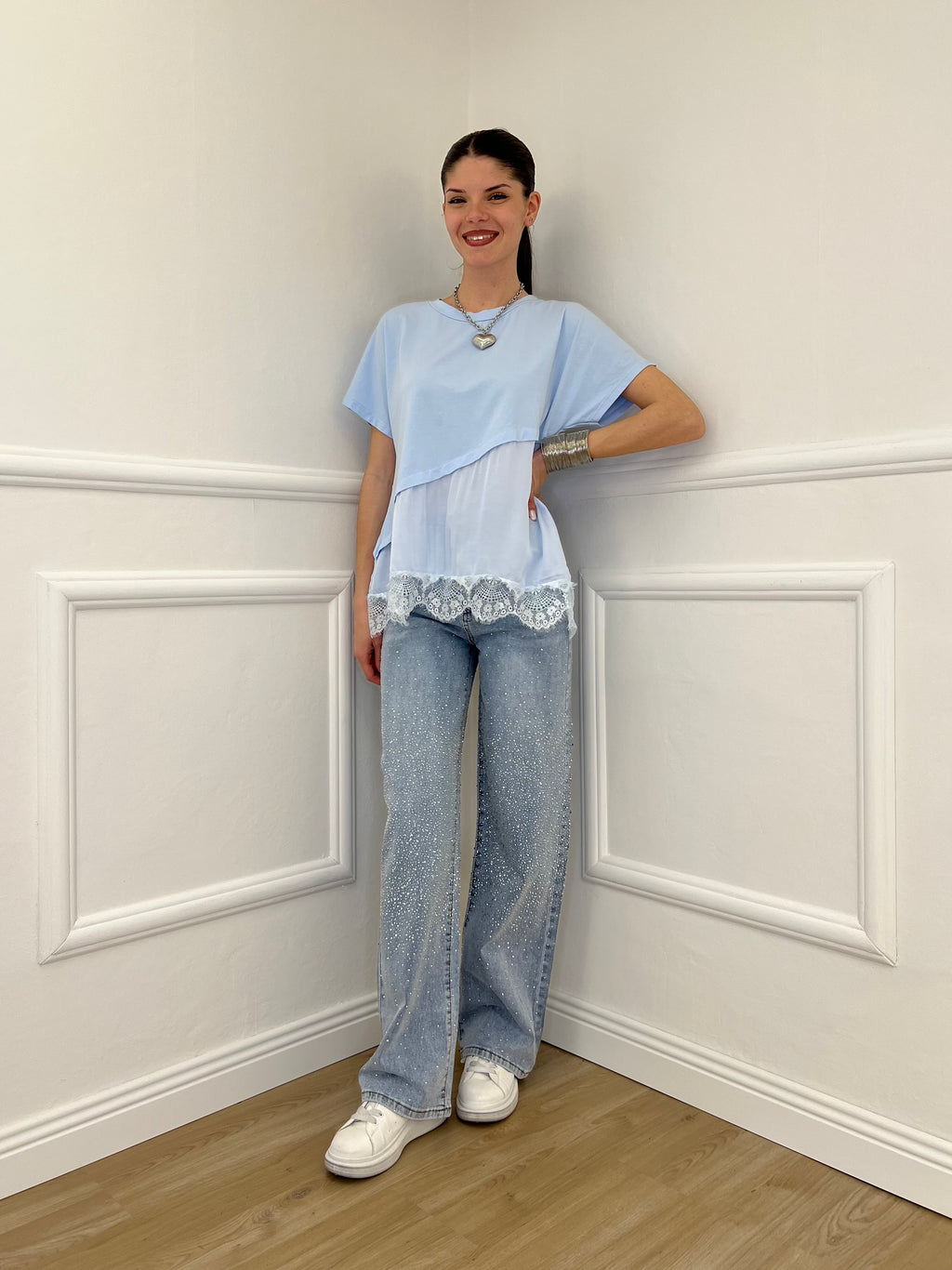 Maglietta Combinata Con Pizzo 20611 Azzurro