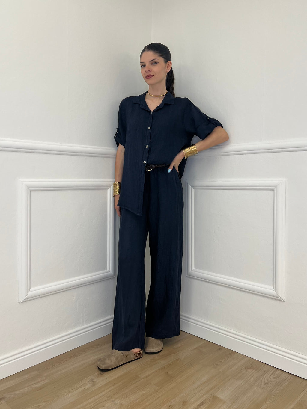 Camicia Maniche 3/4 in Lino 89517 Blu