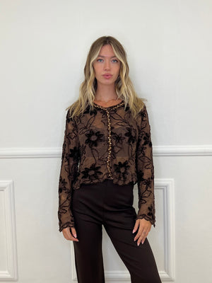 Cardigan Pizzo Ricami e Strass C282 Cioccolato