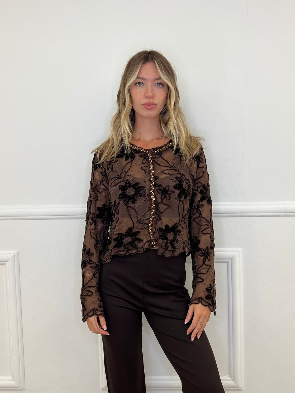 Cardigan Pizzo Ricami e Strass C282 Cioccolato