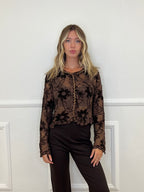 Cardigan Pizzo Ricami e Strass C282 Cioccolato