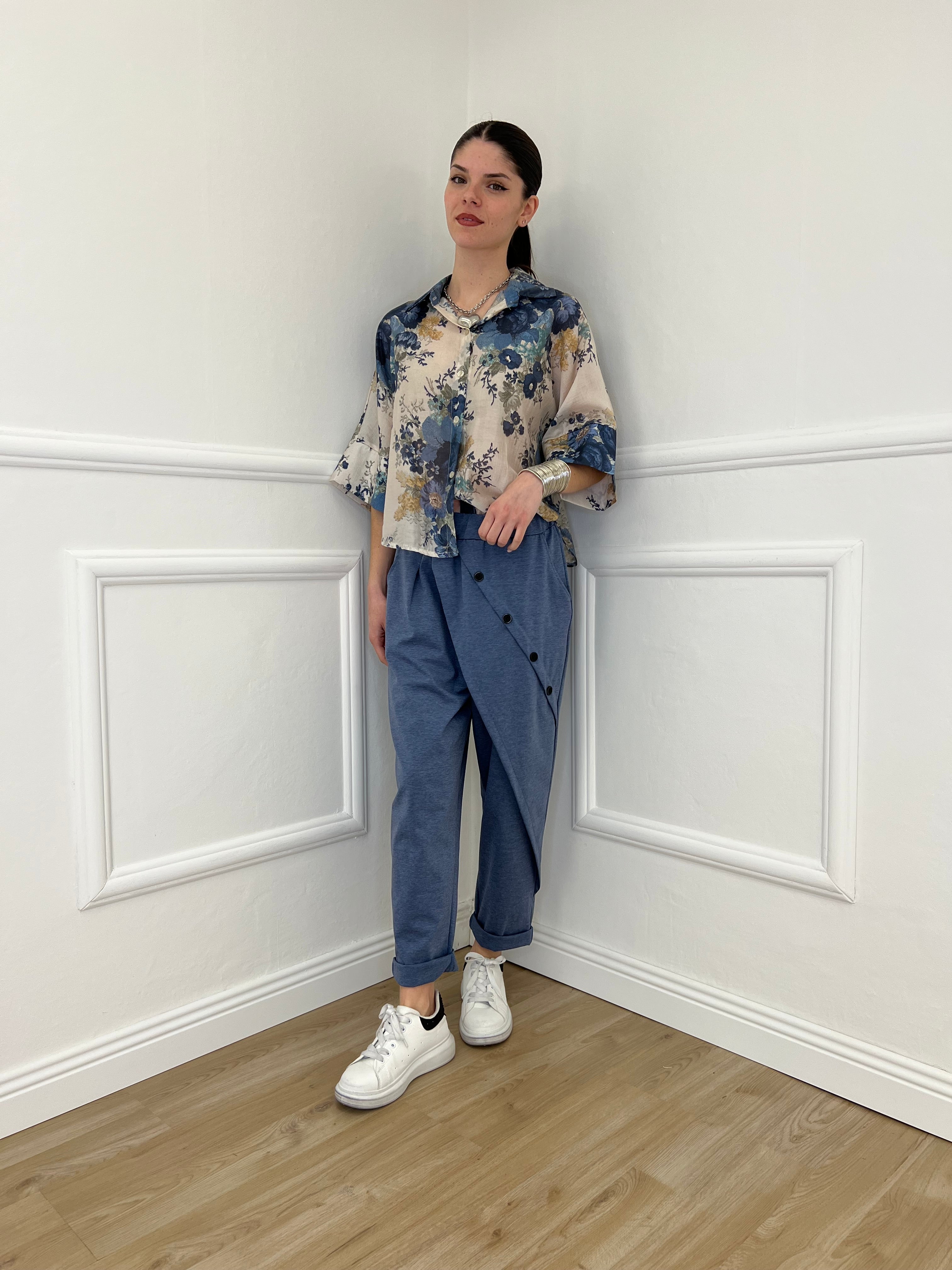 Camicia Tencel Crop Fiori 4099 Blu