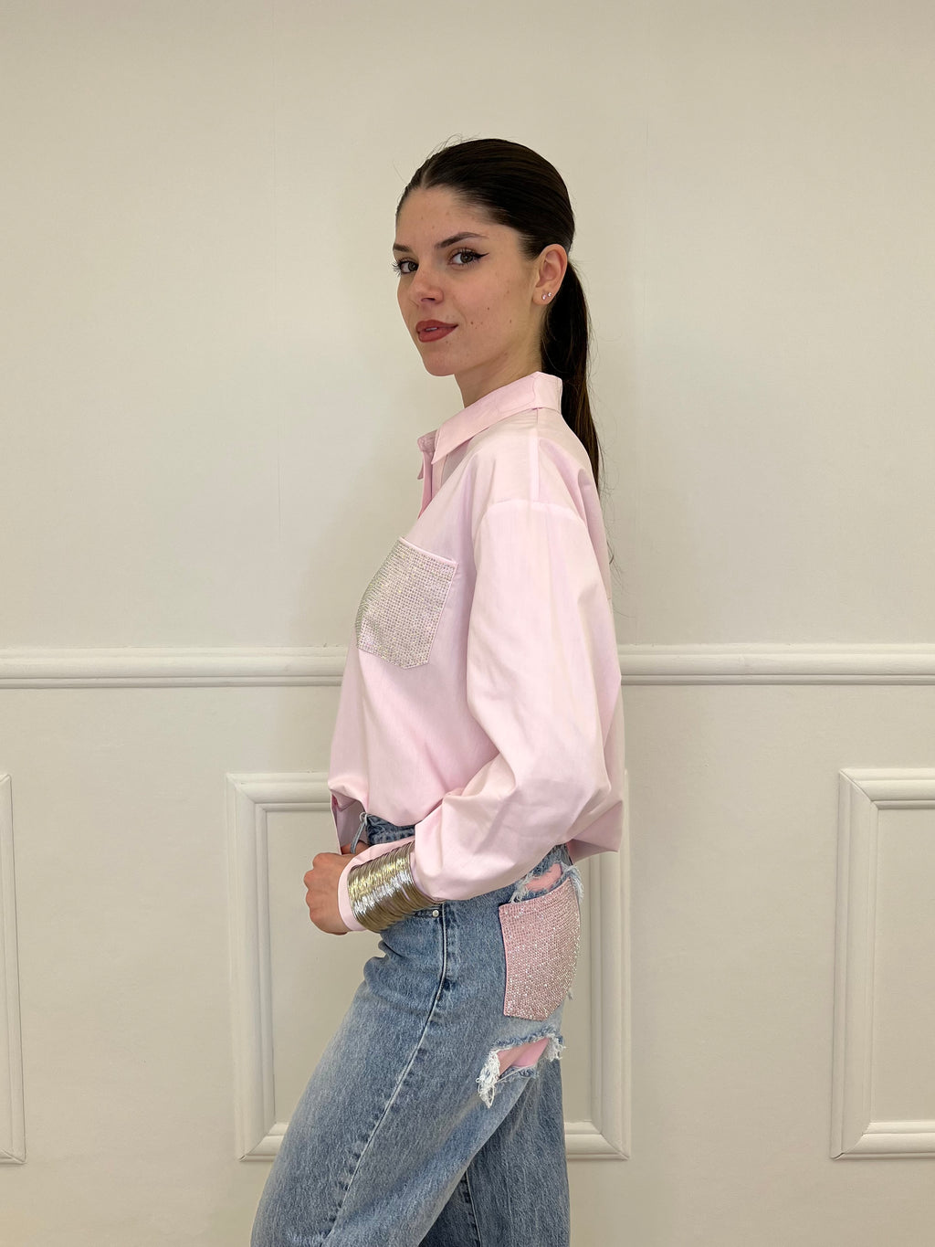 Camicia Over Tasca Strass 1786 Rosa