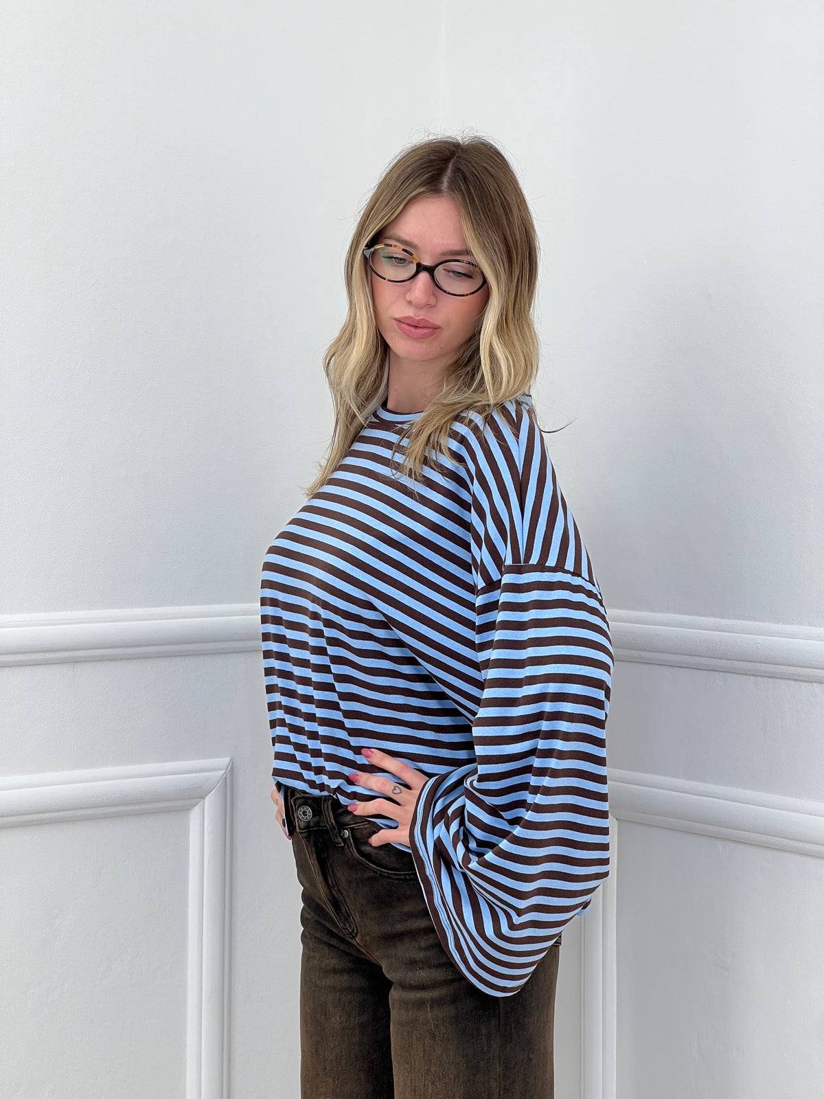 T-shirt Righe Maniche Ampie BM270 Azzurro e Marrone