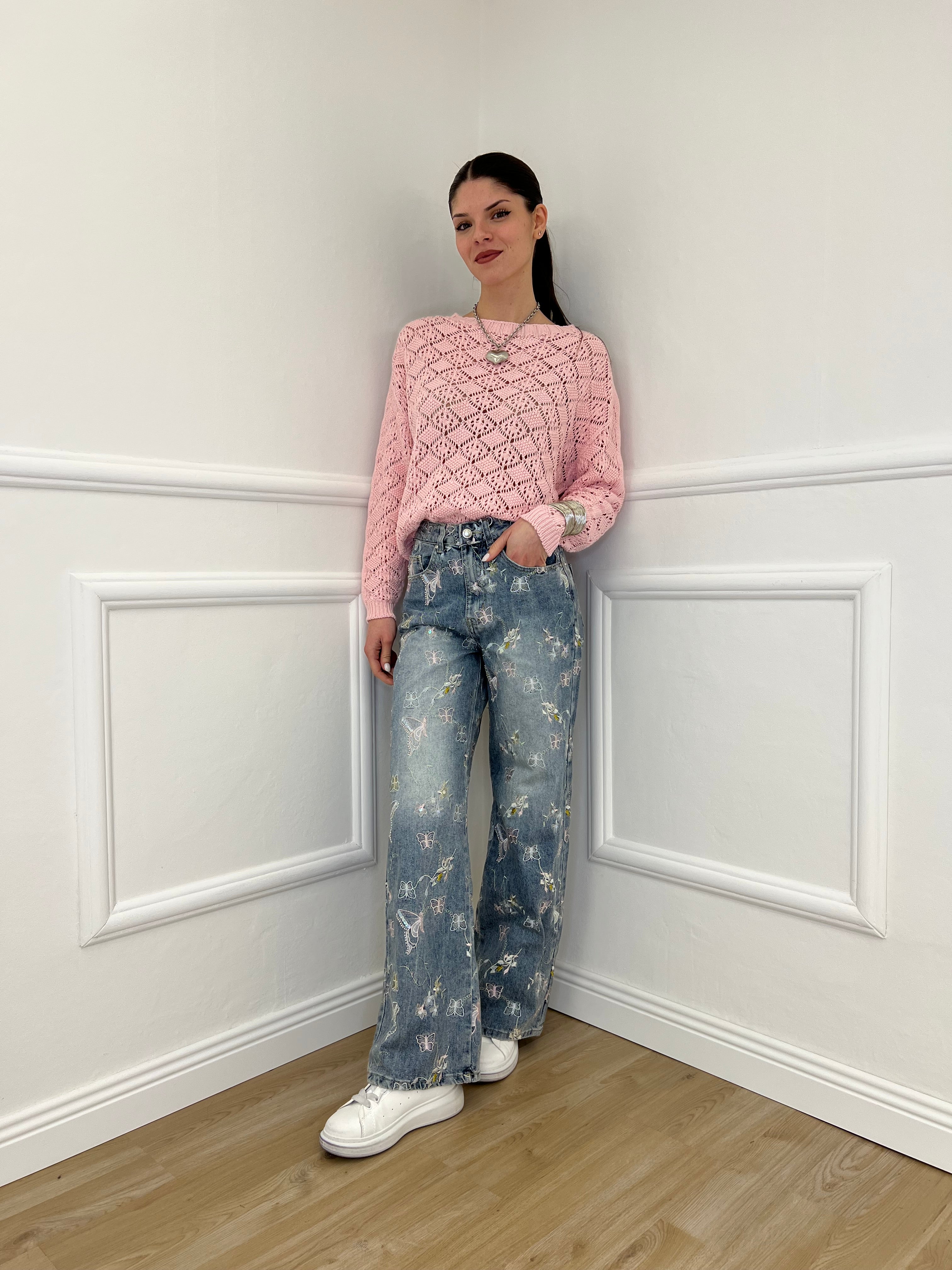 Maglia Jacquard Traforata 82618 Rosa