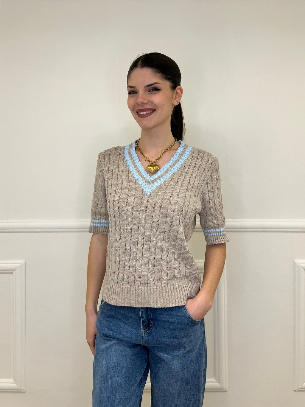 Maglia Trecce Profili a Contrasto 9467 Taupe e Azzurro