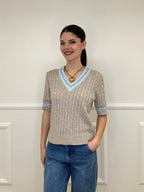 Maglia Trecce Profili a Contrasto 9467 Taupe e Azzurro