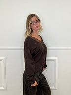 Maglia Scollo a V Over Con Pizzo 5588 Marrone
