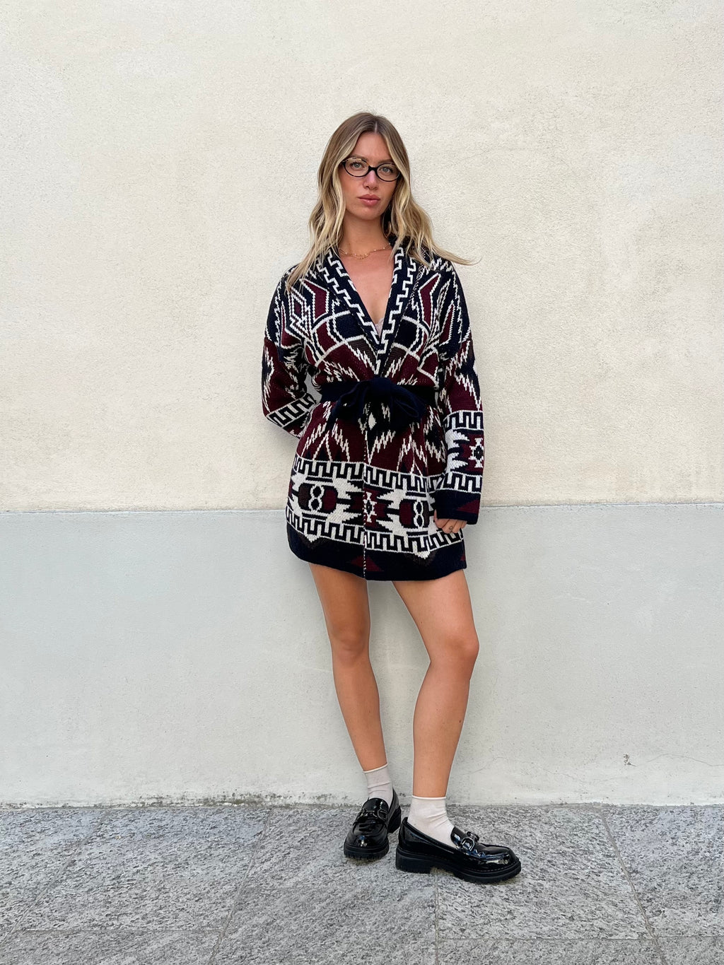 Cappotto Etnico In Lana e Alpaca 10391 Blu e Burgundy