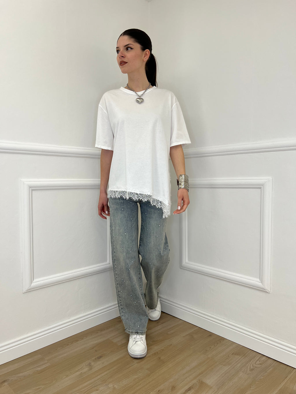 T-shirt Asimmetrica Con Pizzo 2824 Bianco