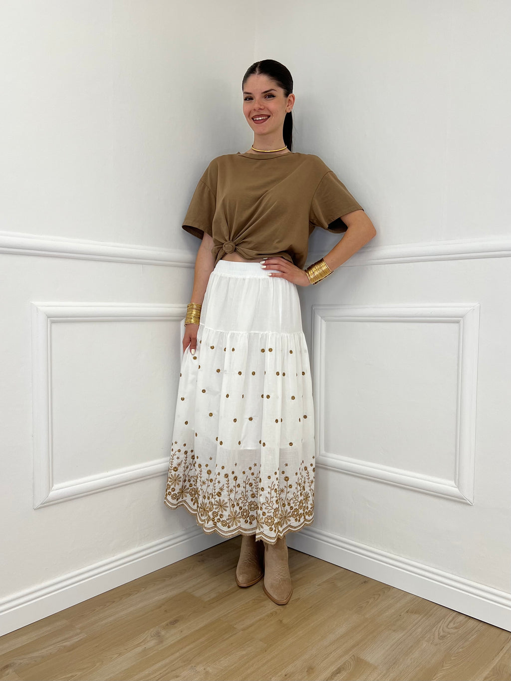 Gonna Midi Cotone Ricami 50138 Bianco