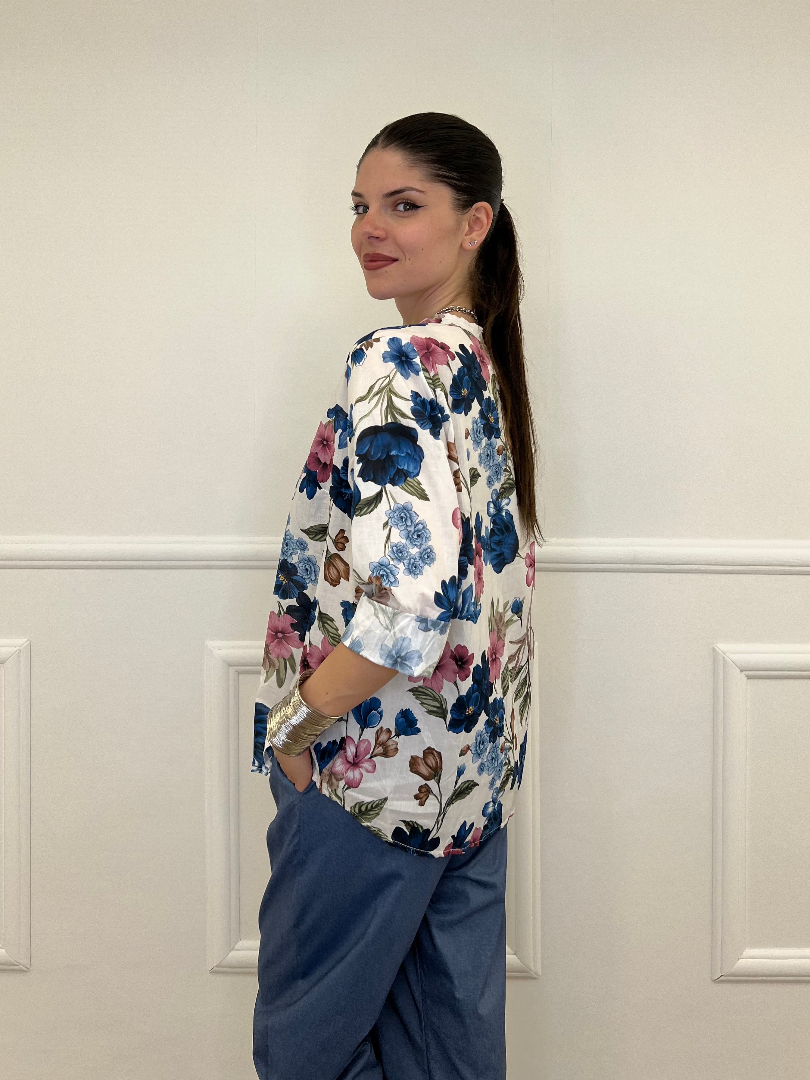 Camicia Fiori Strop Coreana 2588 Blu