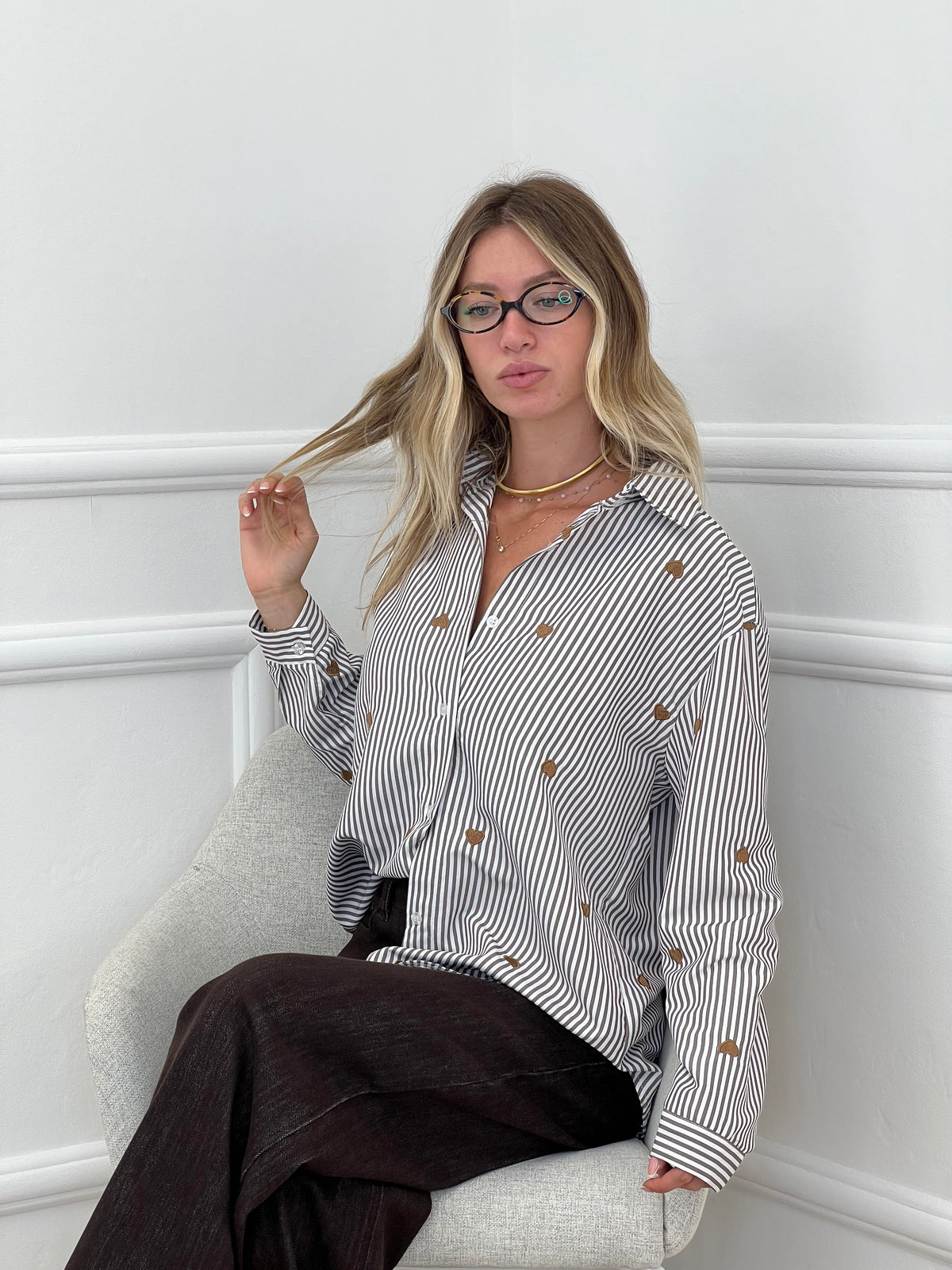 Camicia Cuori Ricamati 1255 Marrone