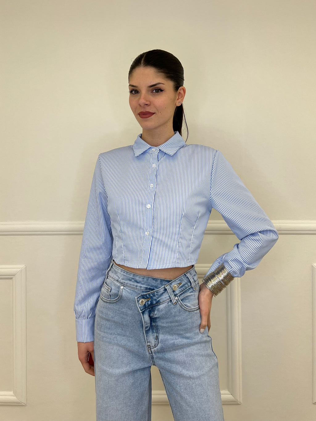 Camicia Crop a Righe 3147 Azzurro
