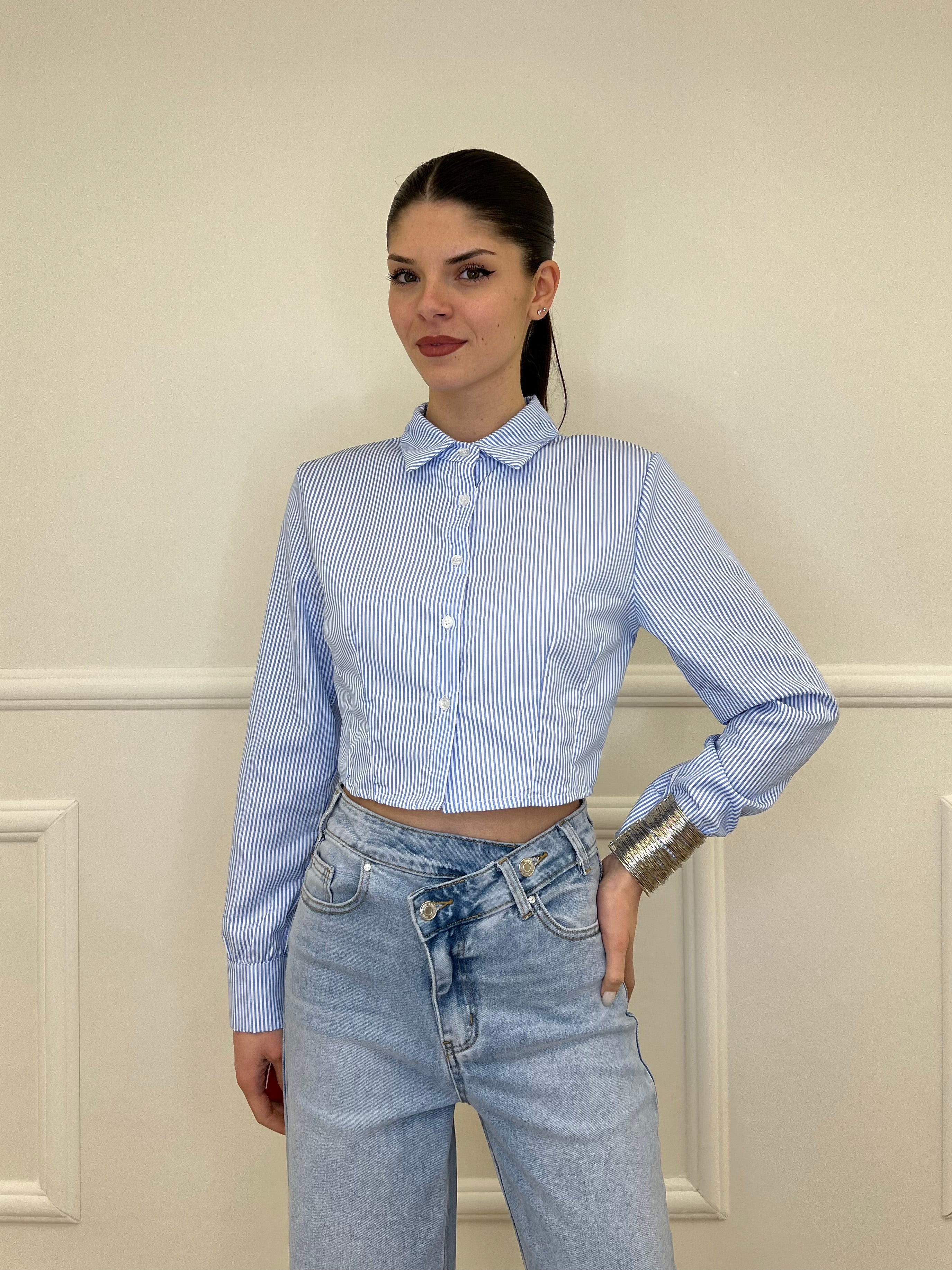 Camicia Crop a Righe 3147 Azzurro