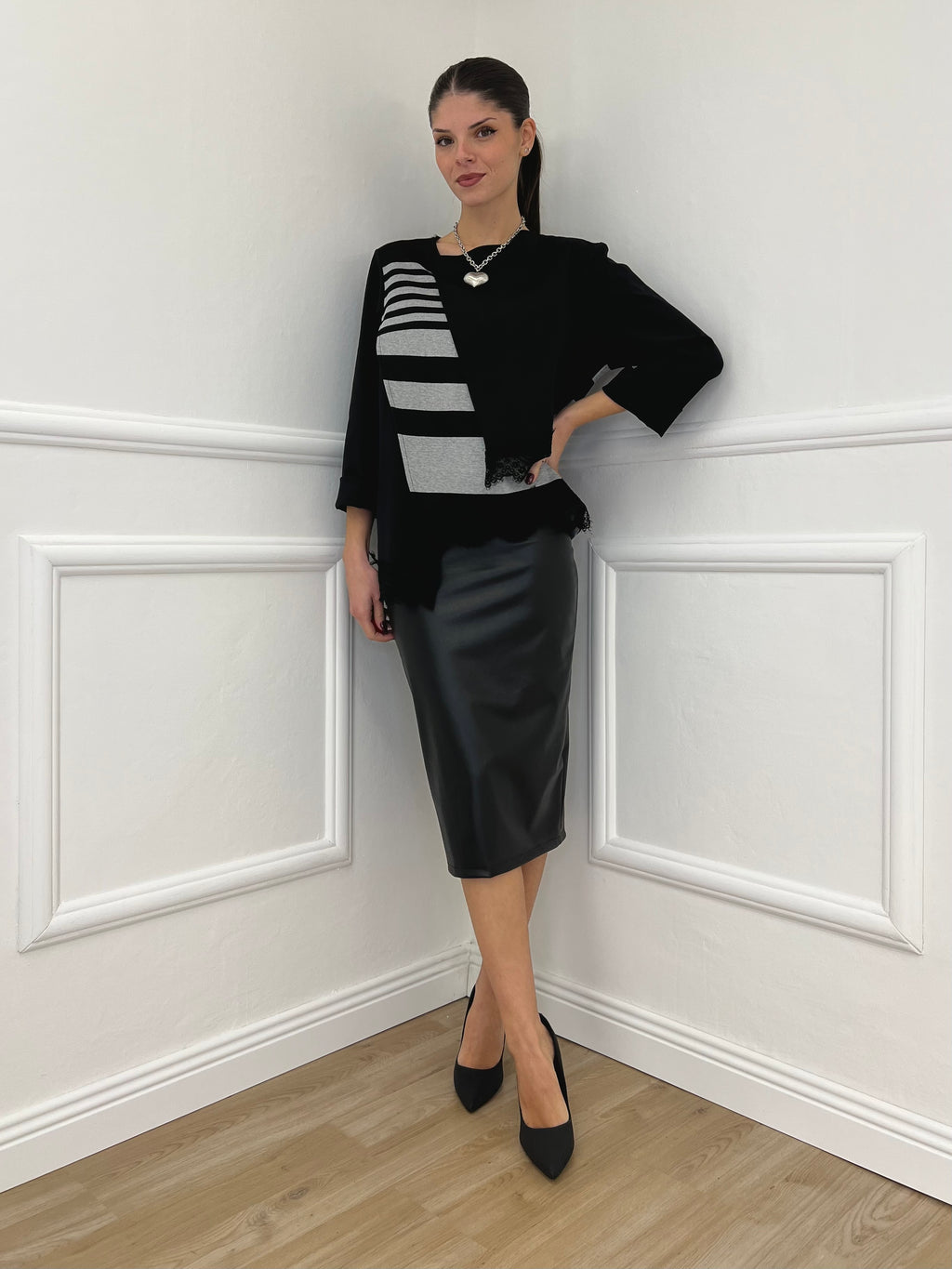 Maglia Asimmetrica Pizzo Bicolor 0225 Nero