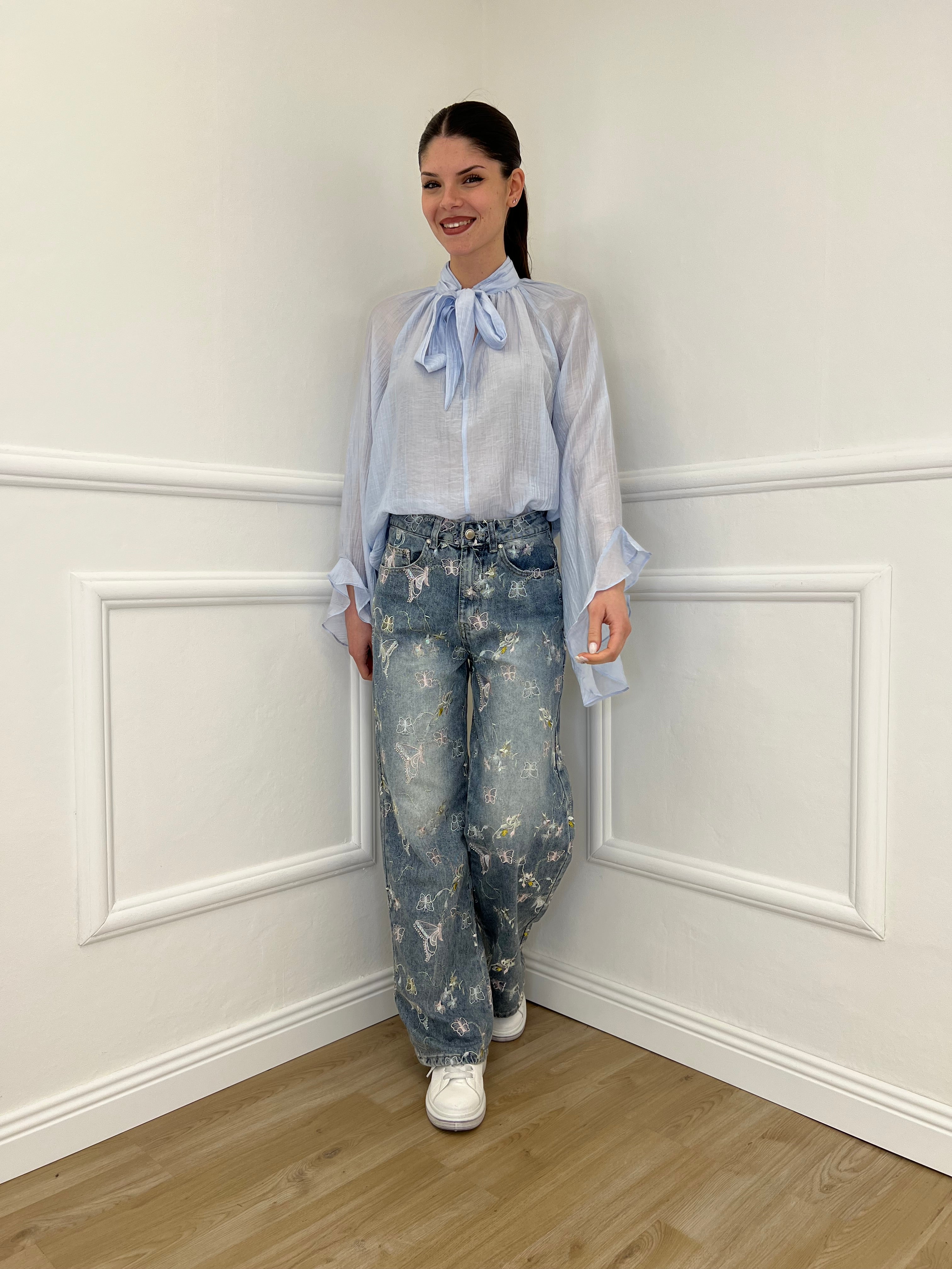 Camicia in Tencel con Fiocco 2608 Azzurro