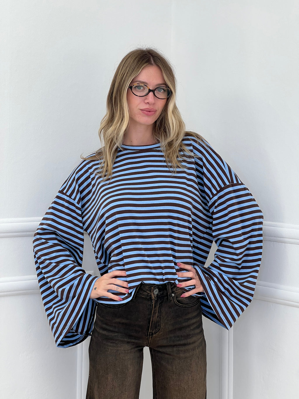 T-shirt Righe Maniche Ampie BM270 Azzurro e Marrone