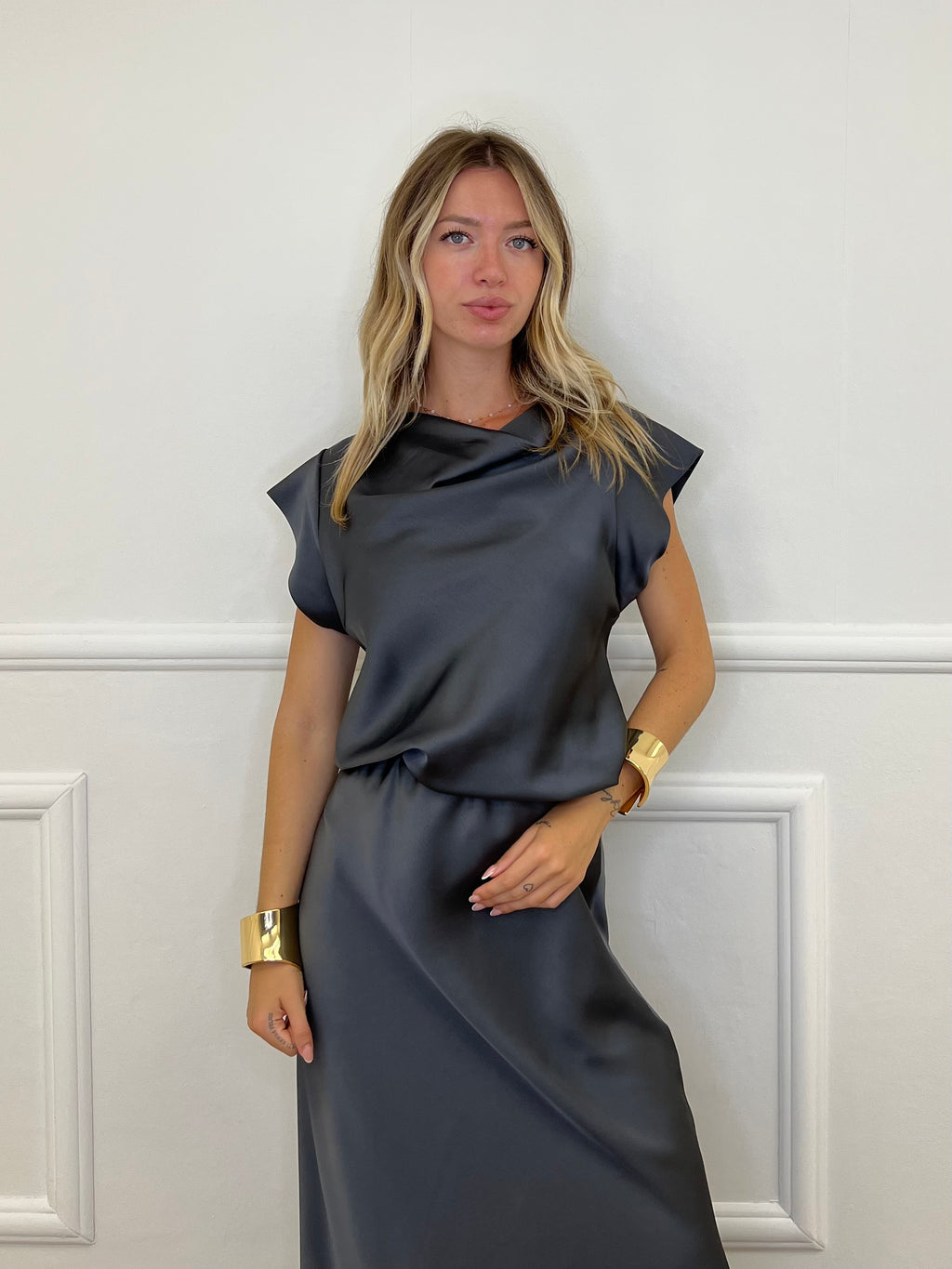 Blusa Satin Scollo Morbido 2548 Piombo