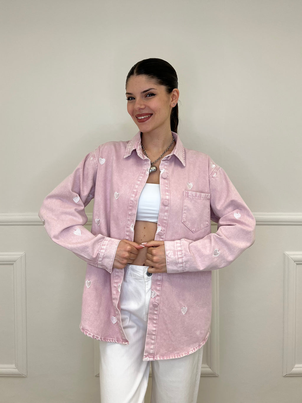 Giacca Camicia Denim Cuori 0805 Rosa
