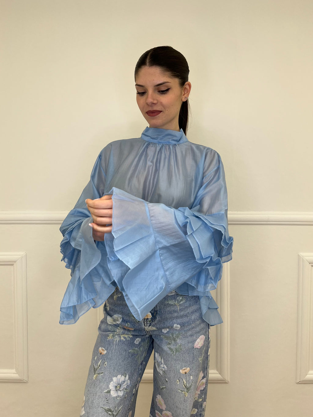 Blusa in Tencel a Balze 6108 Azzurro