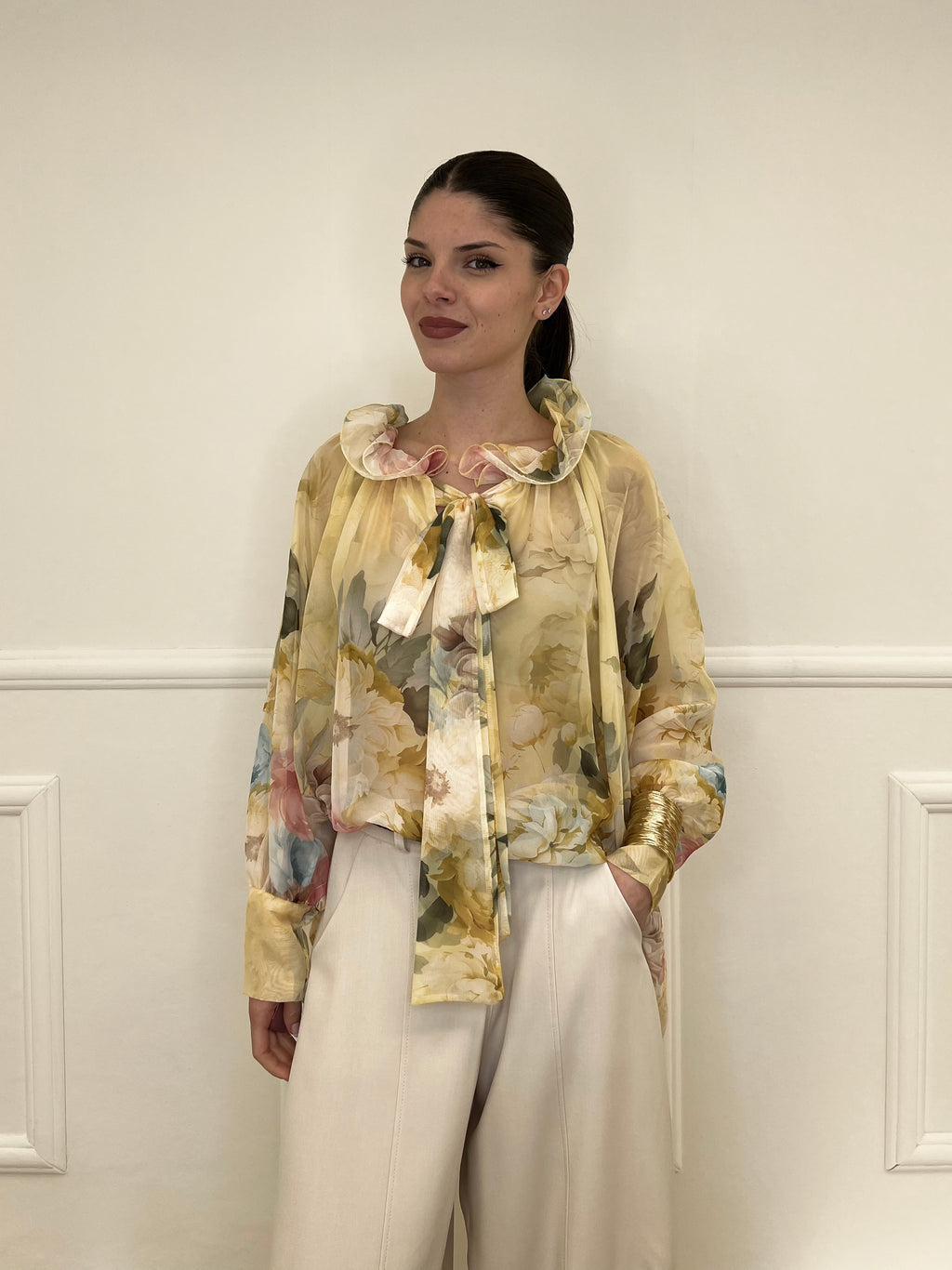Blusa Voile Fiori Con Fiocco 4284 Giallo