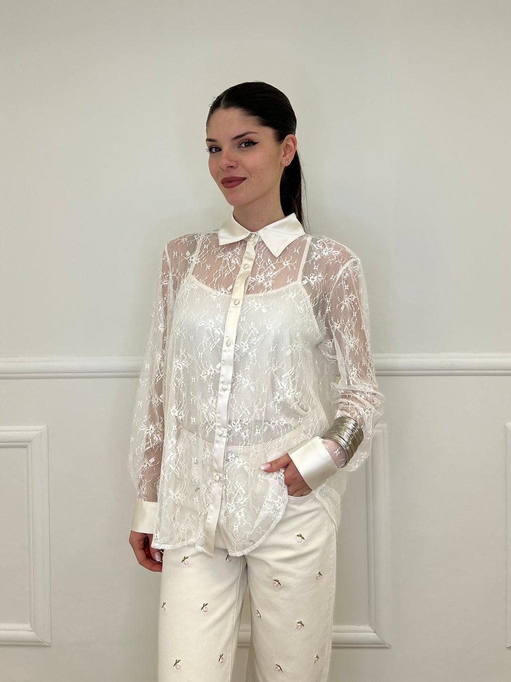 Twin Set Camicia in Pizzo e Top Y7097 Ecru