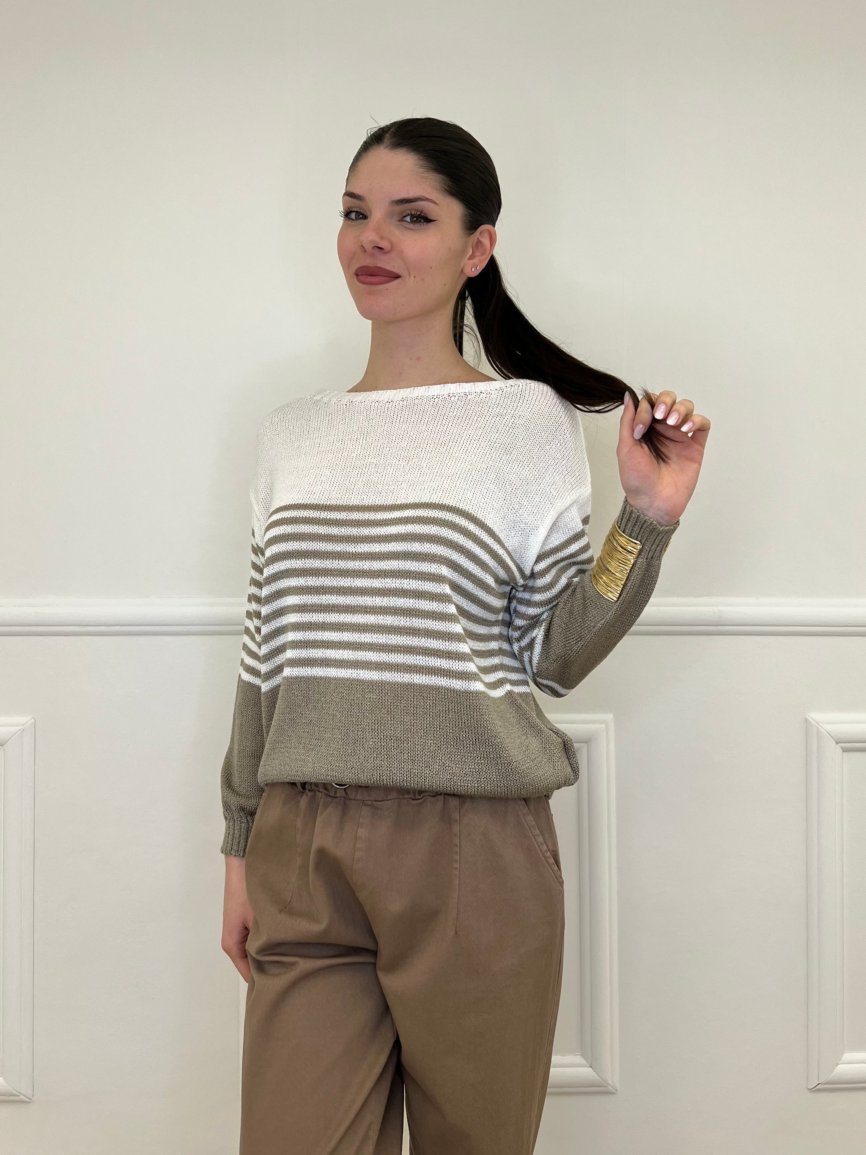 Maglia a Righe Bicolore 26001 Taupe e Bianco