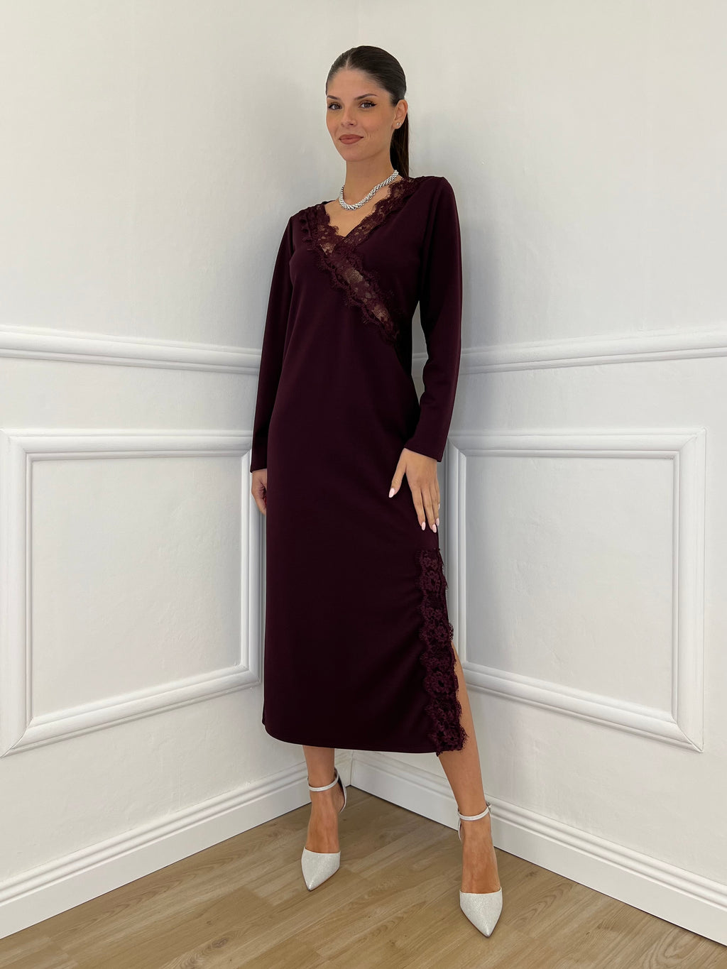 Abito Crepe Pizzo 55743 Burgundy